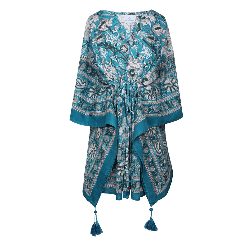 Aegean Blue Floral Short Kaftan Dress