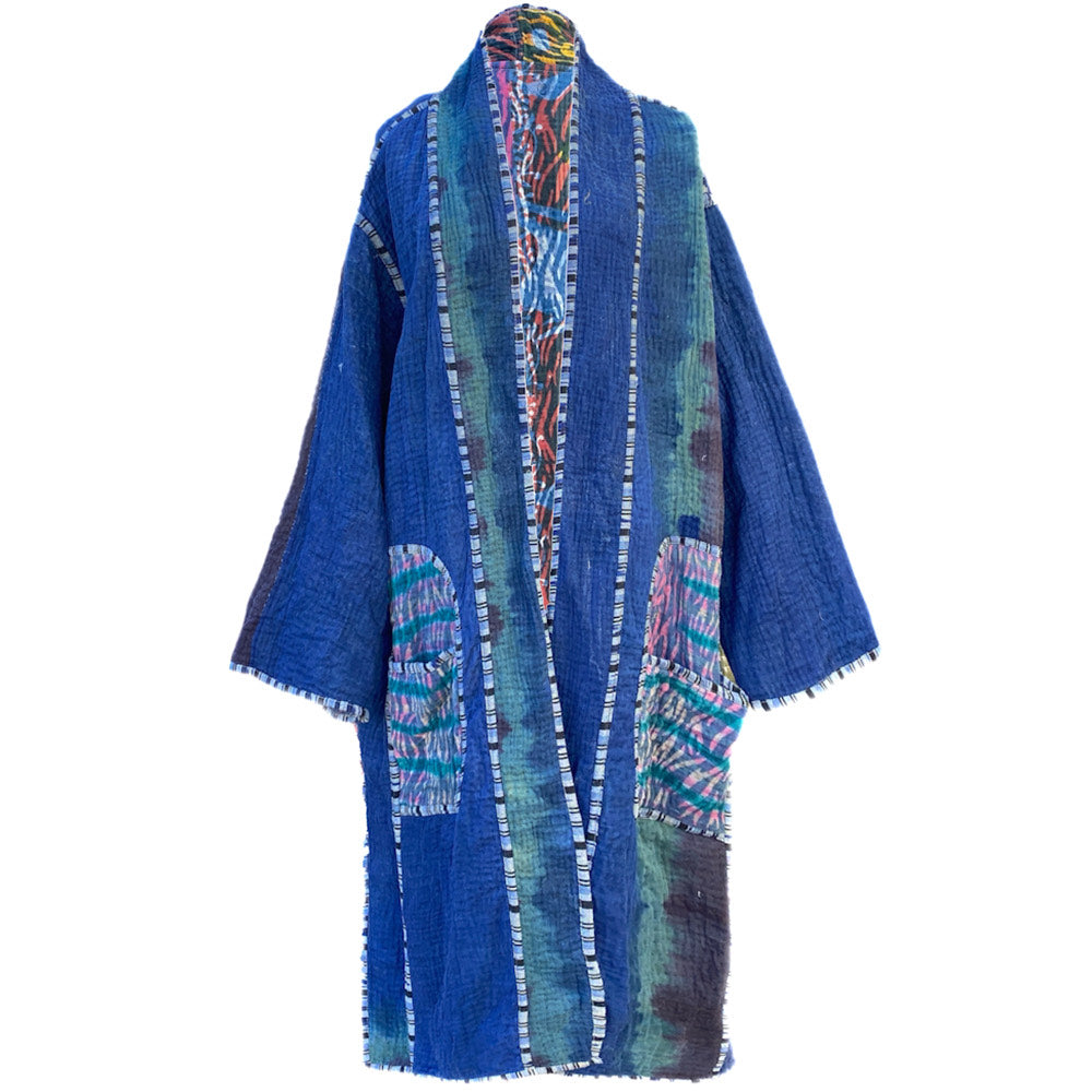 Ulva Indigo Cotton Vintage Quilted Kantha Coat ONE OF KIND