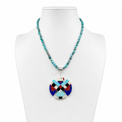 Bisbee Turquoise Necklace with Mosaic Inlay Thunderbird Santo Domingo