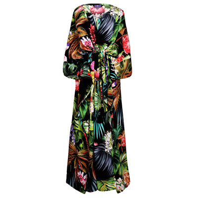 Black Botanica Italian Silk Maxi Kaftan Dress