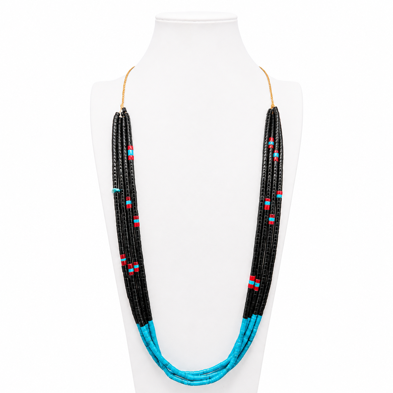 Black Jet, Turquoise, and Coral Four Strand Necklace Santo Domingo