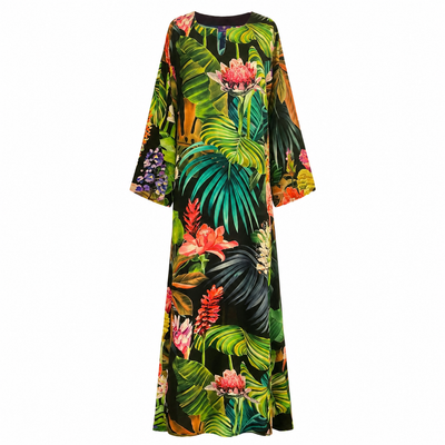 Black Botanica Italian Silk Long Tunic Dress
