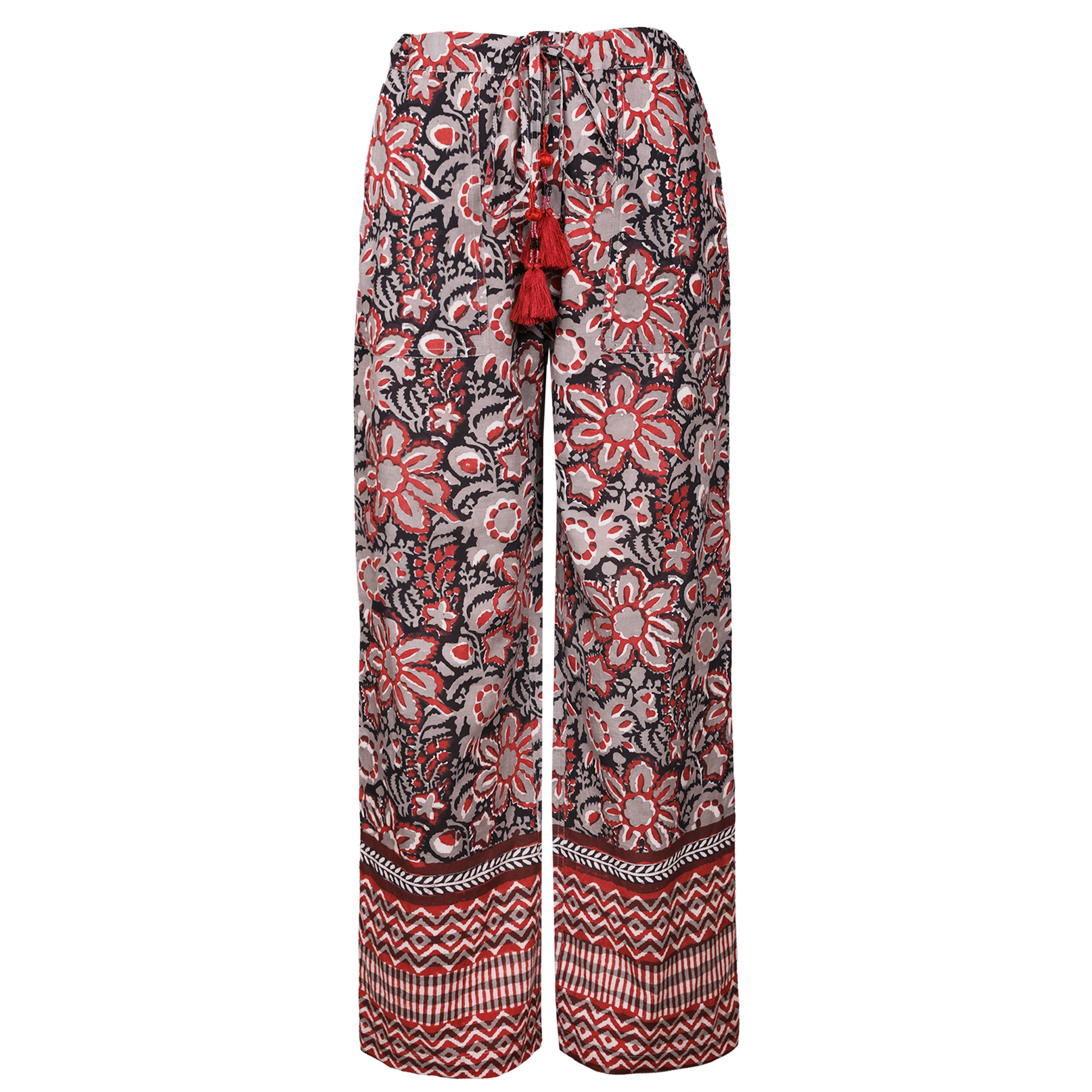 Boho Pants - Palazzo Pants in Floral in Indian Paisley Red For Women