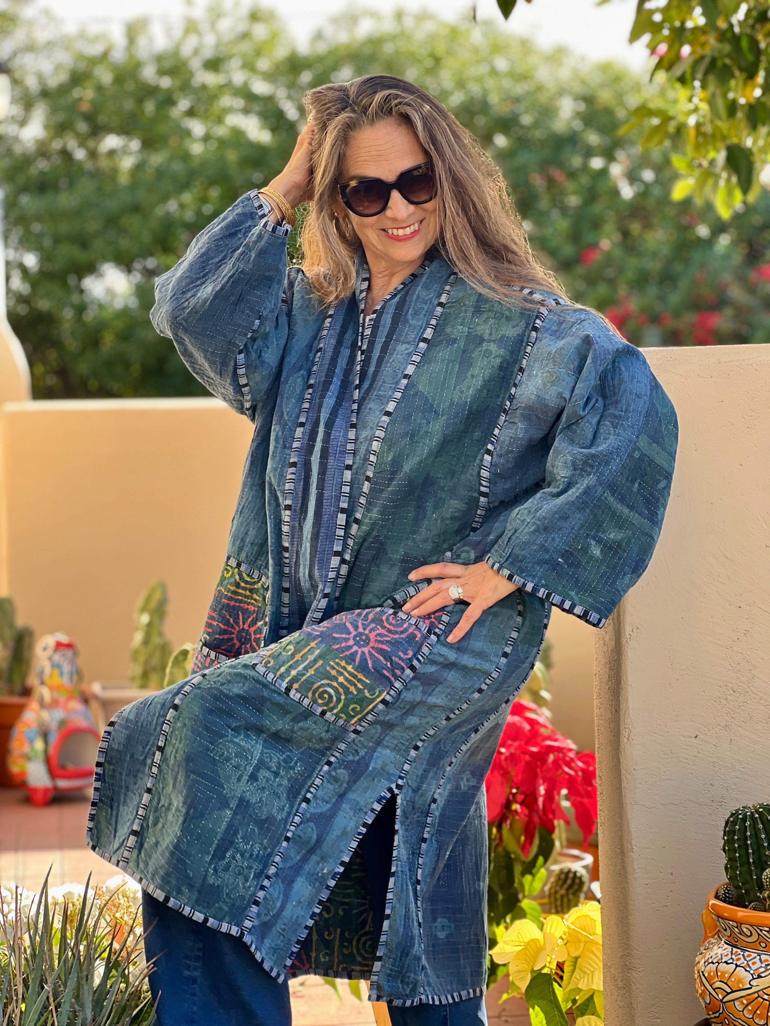 Aesha Indigo Cotton Vintage Quilted Kantha Coat ONE OF KIND