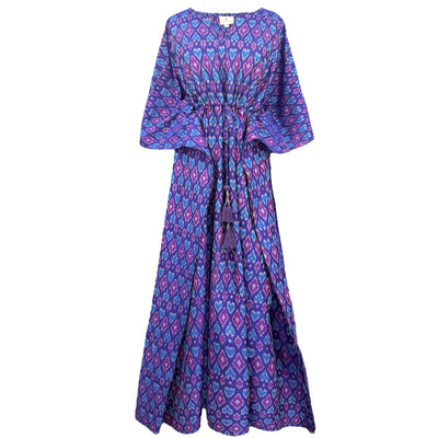 Bhavya Purple Silk Cotton Ikat Maxi Kaftan Dress ONLY ONE AVAILABLE