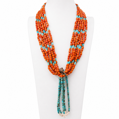 Turquoise and  Orange Ceramic Trading Bead Jacla Necklace Santo Domingo