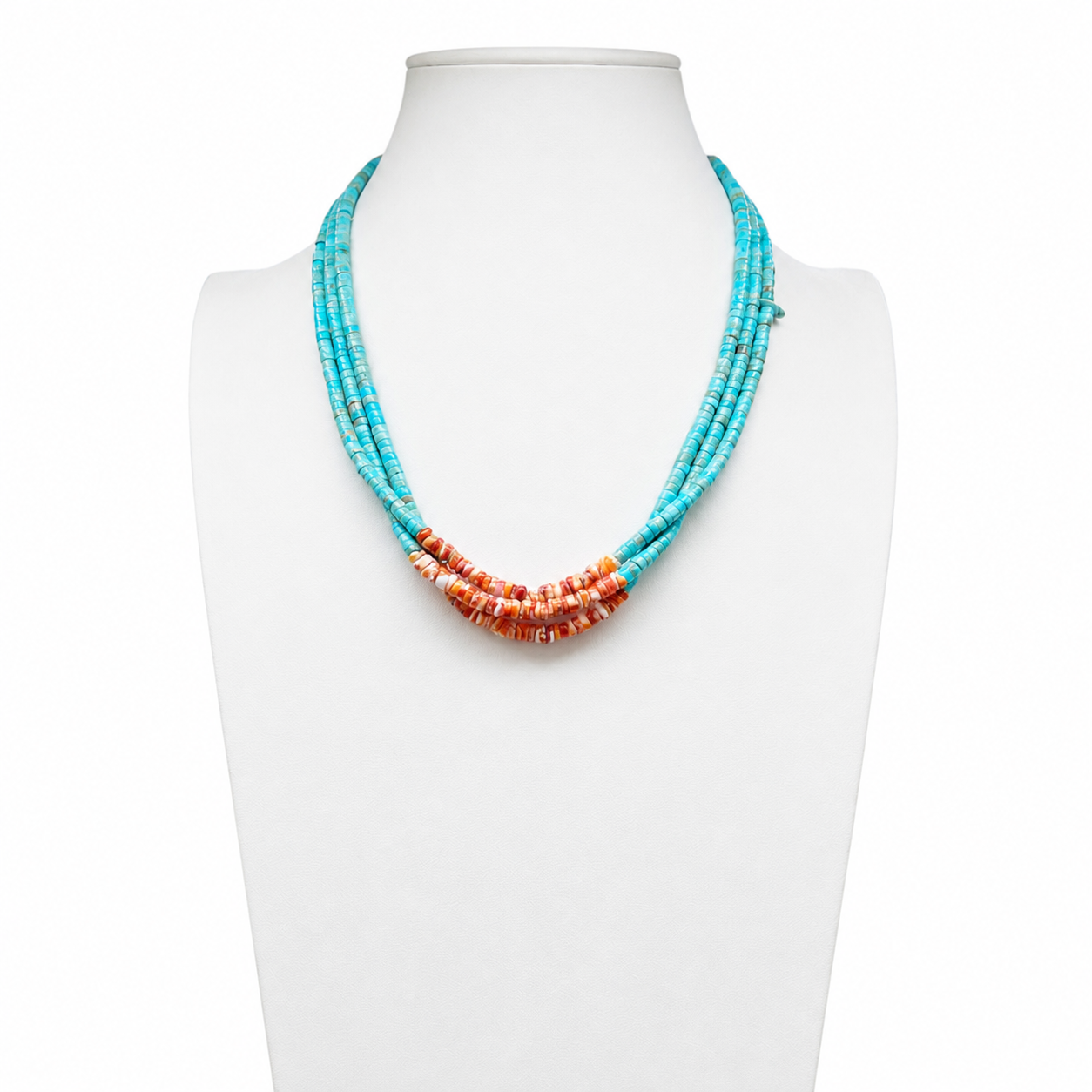 Turquoise, Orange Spiny Oyster, and Heishi Santo Domingo Necklace