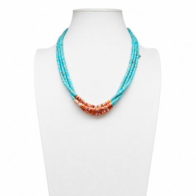 Turquoise, Orange Spiny Oyster, and Heishi Santo Domingo Necklace