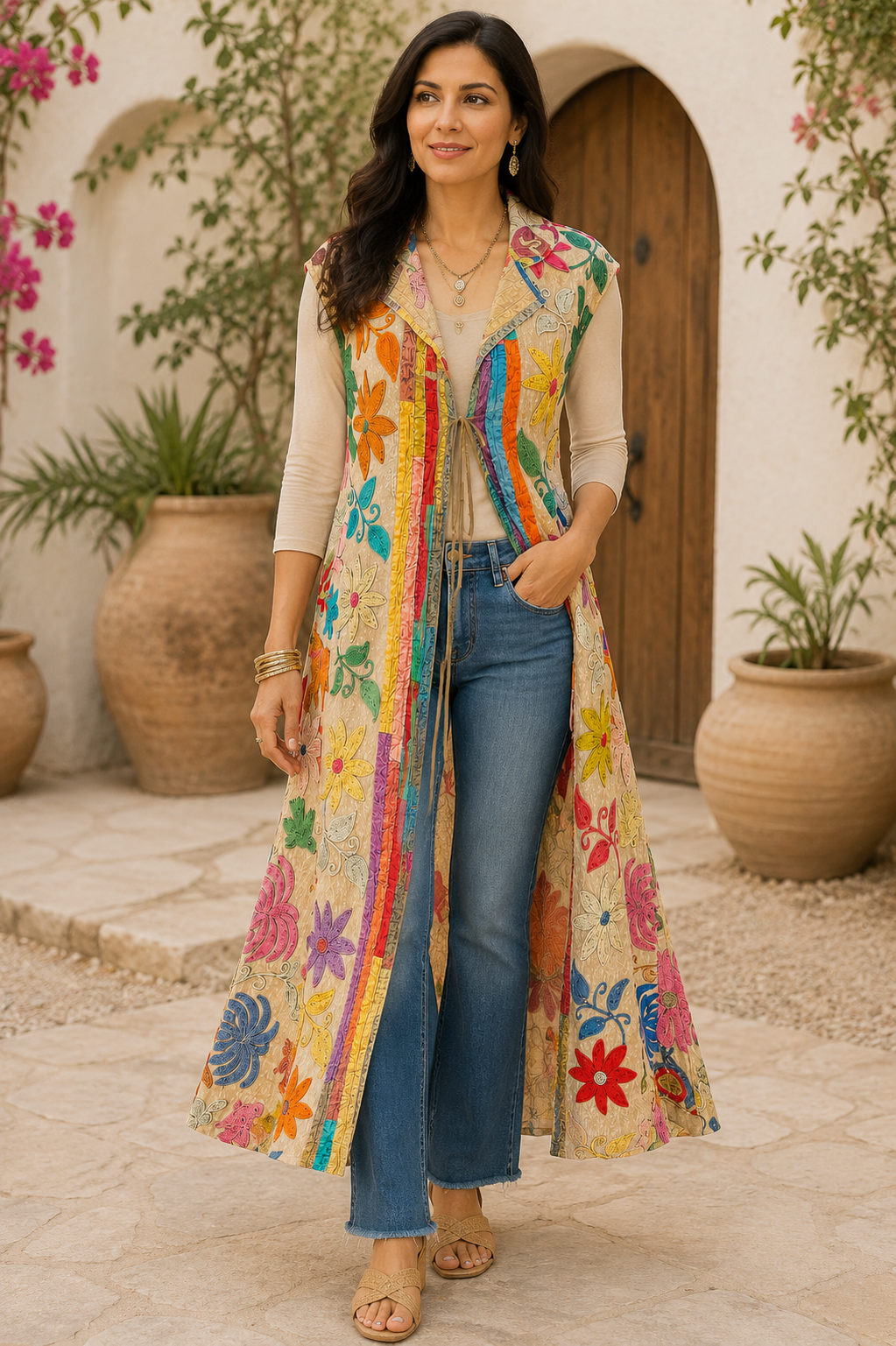 Anjuli Hand Embroidered Long Cotton Vest