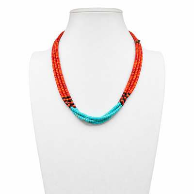 Apple Coral, Turquoise, and Black Jet Santo Domingo Necklace