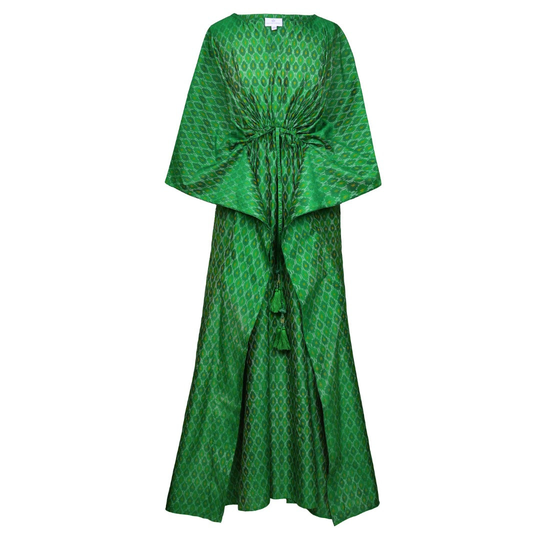 Costa Smeralda Emerald Maxi Dress Silk Cotton Handwoven Ikat