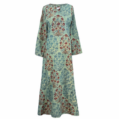 Sage Green Floral Long Tunic Dress Khadi Cotton
