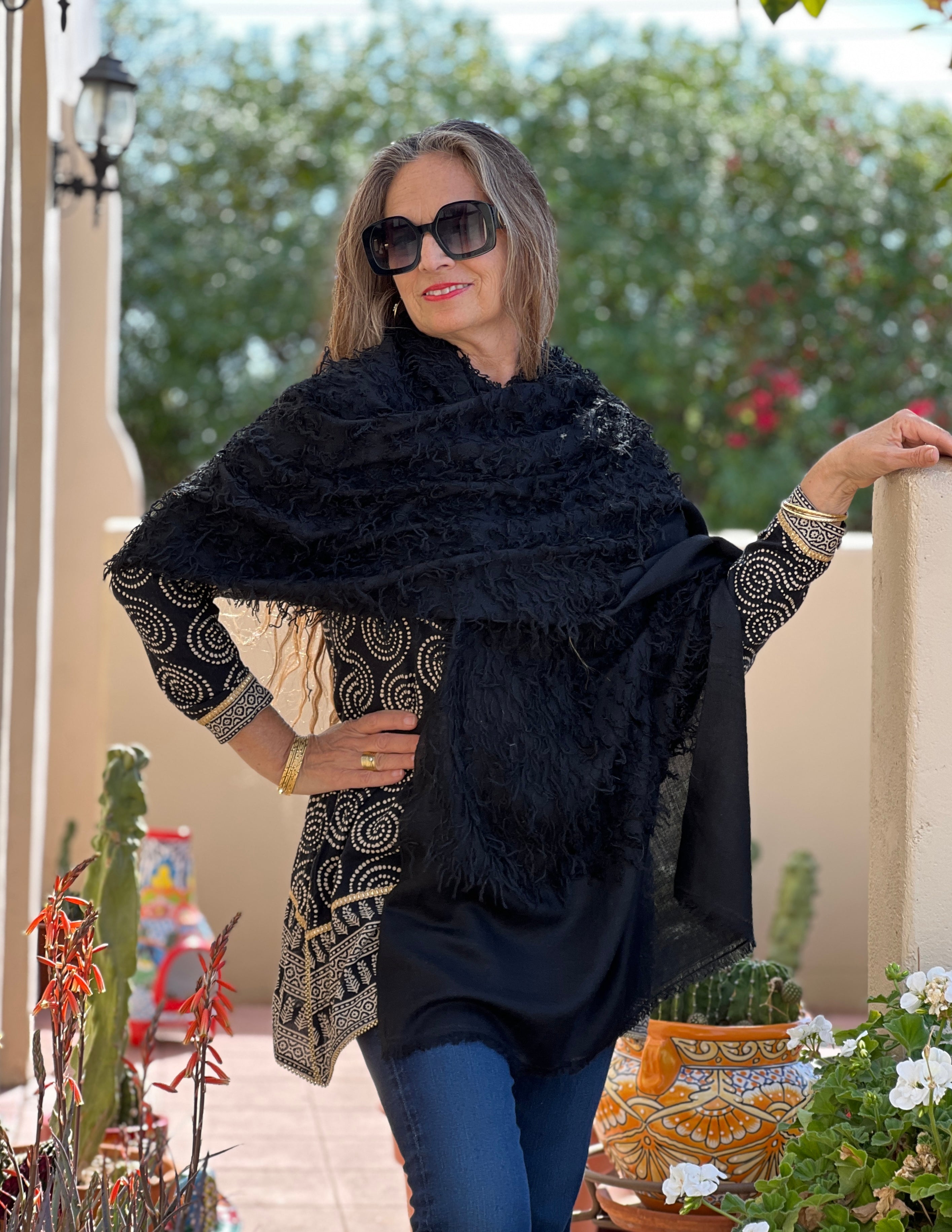 Feathered Kashmiri Black Pashmina Shawl One of a kind