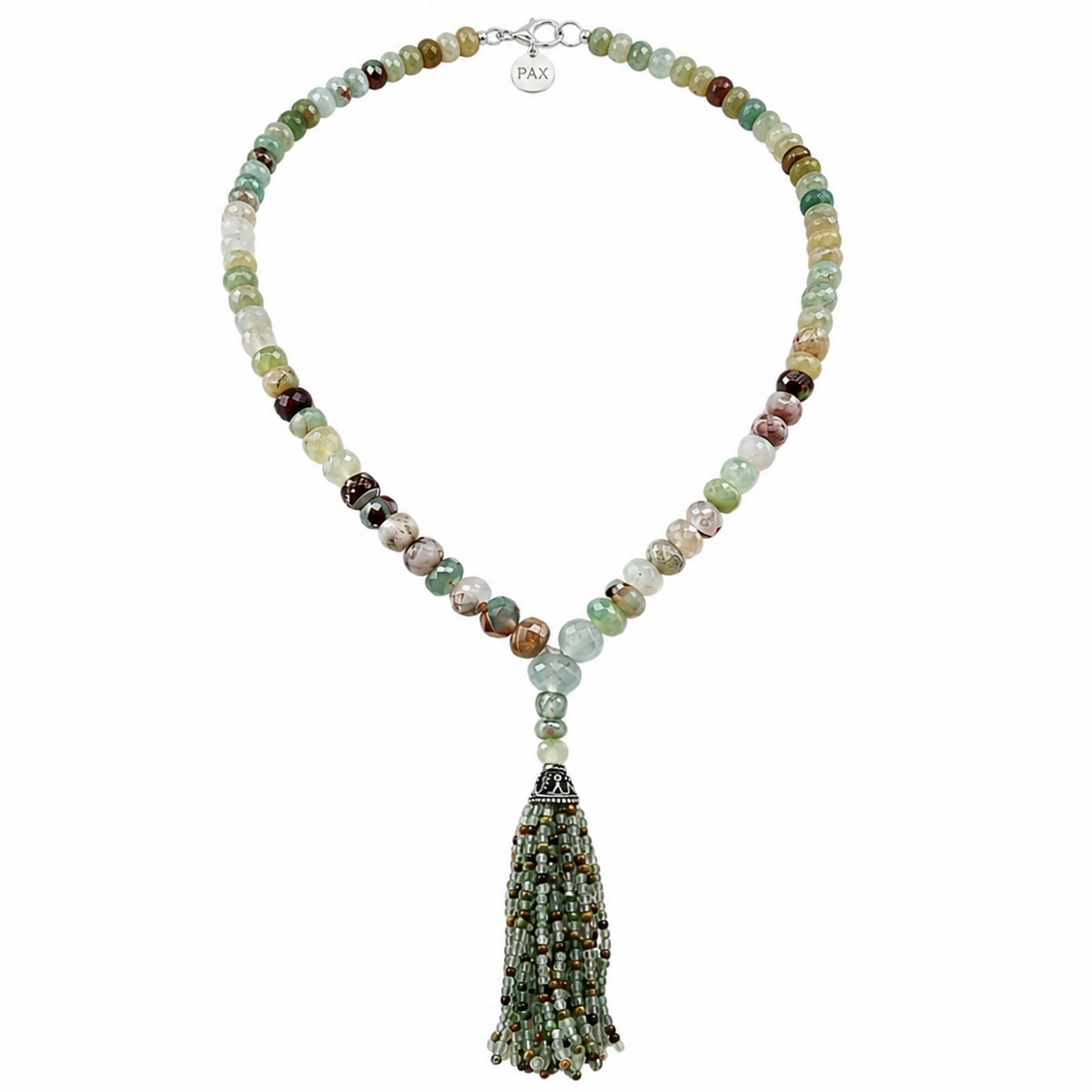 Faceted Aqua Chalcedony Tassel Mini Mala Necklace
