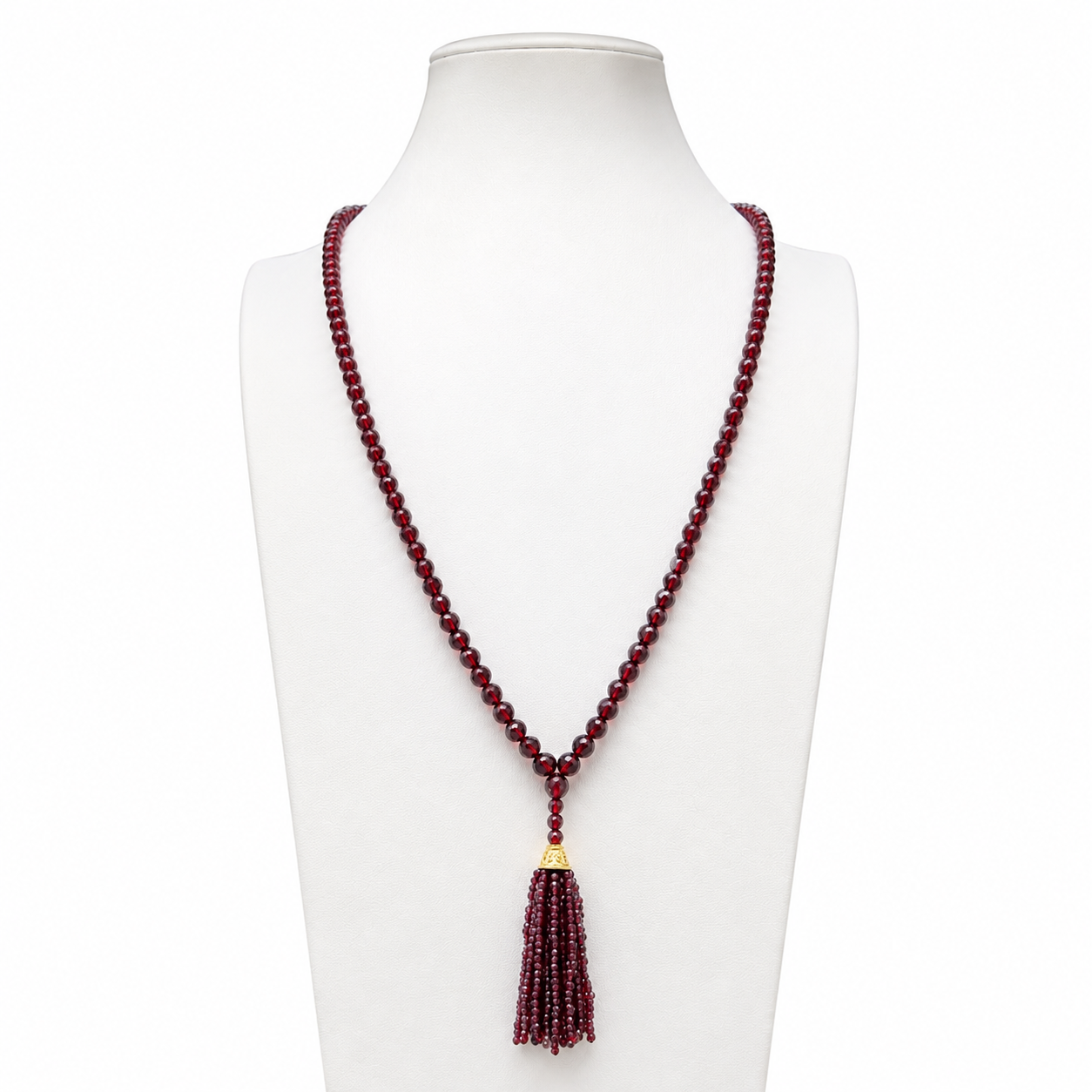 Pyrope Garnet Faceted Tassel Mala Necklace with 18kt Gold