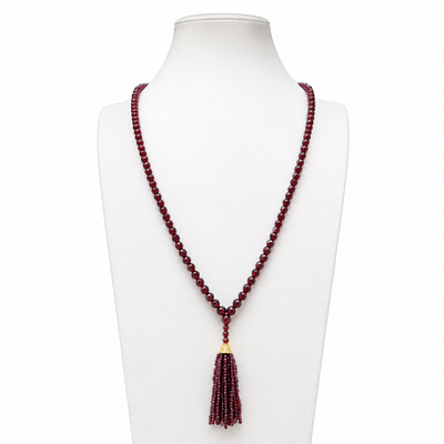 Pyrope Garnet Faceted Tassel Mala Necklace with 18kt Gold