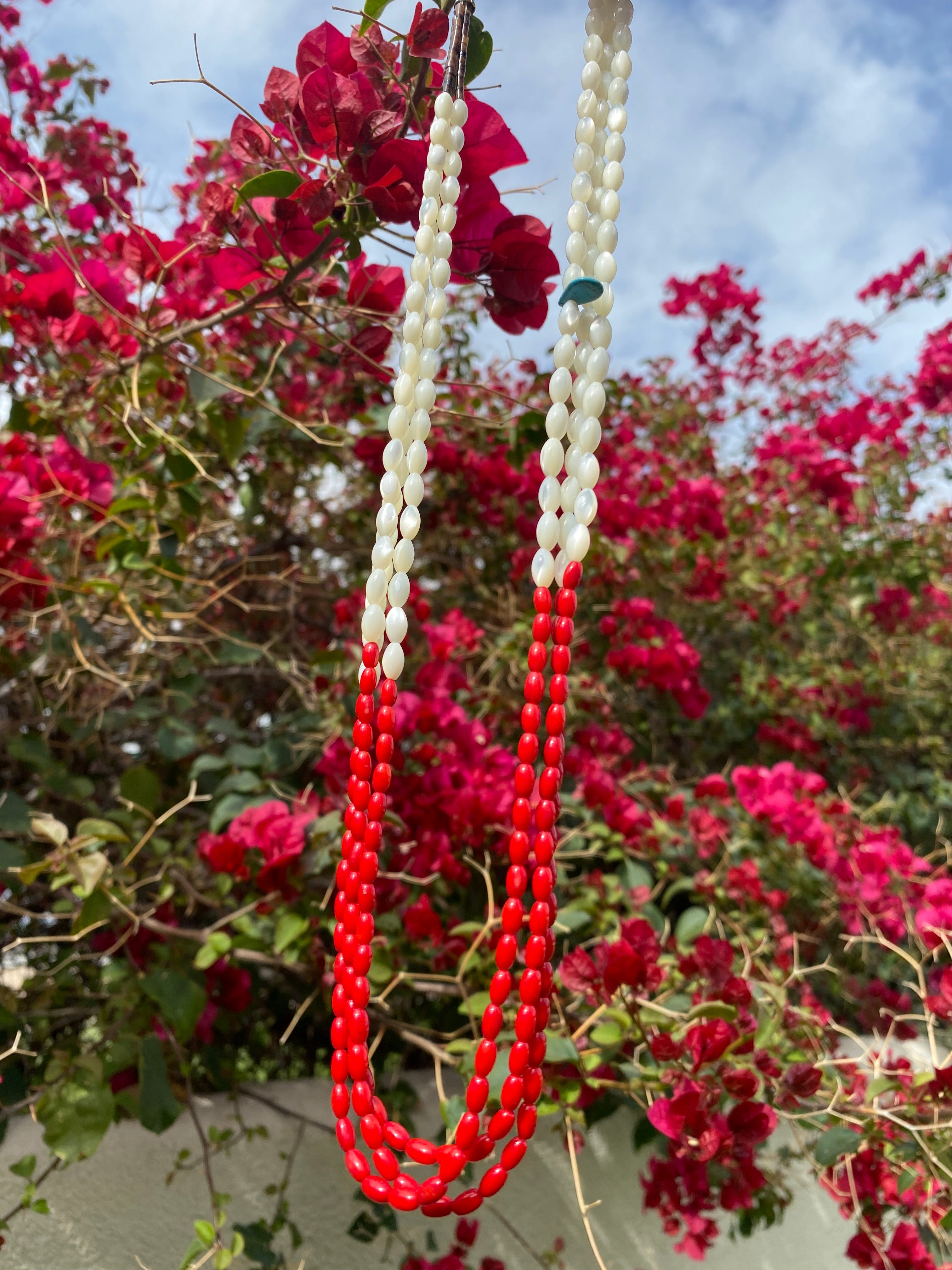 Coral and Pearl Necklace Three Strand Heishi Necklace