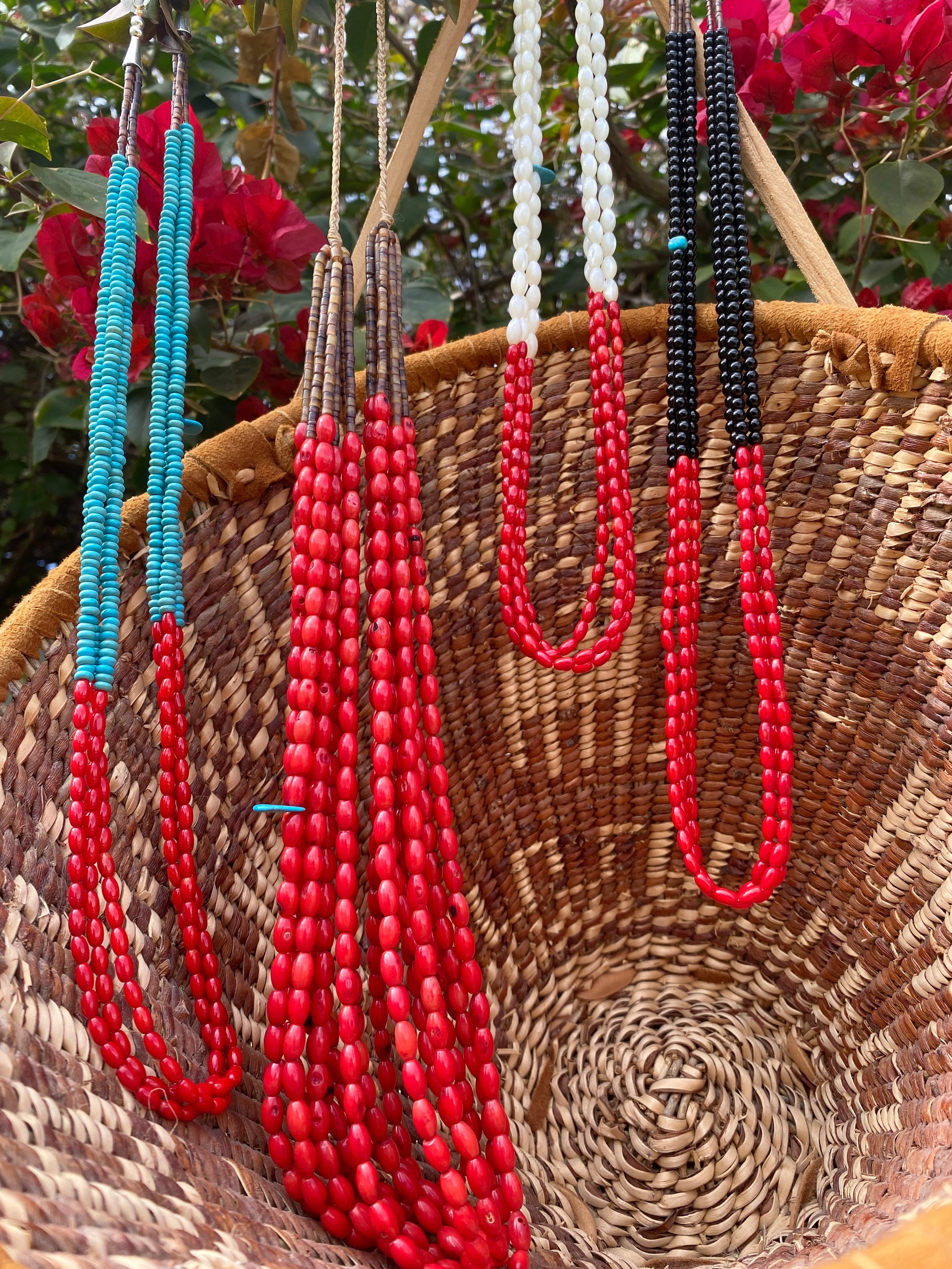 Coral and Pearl Necklace Three Strand Heishi Necklace