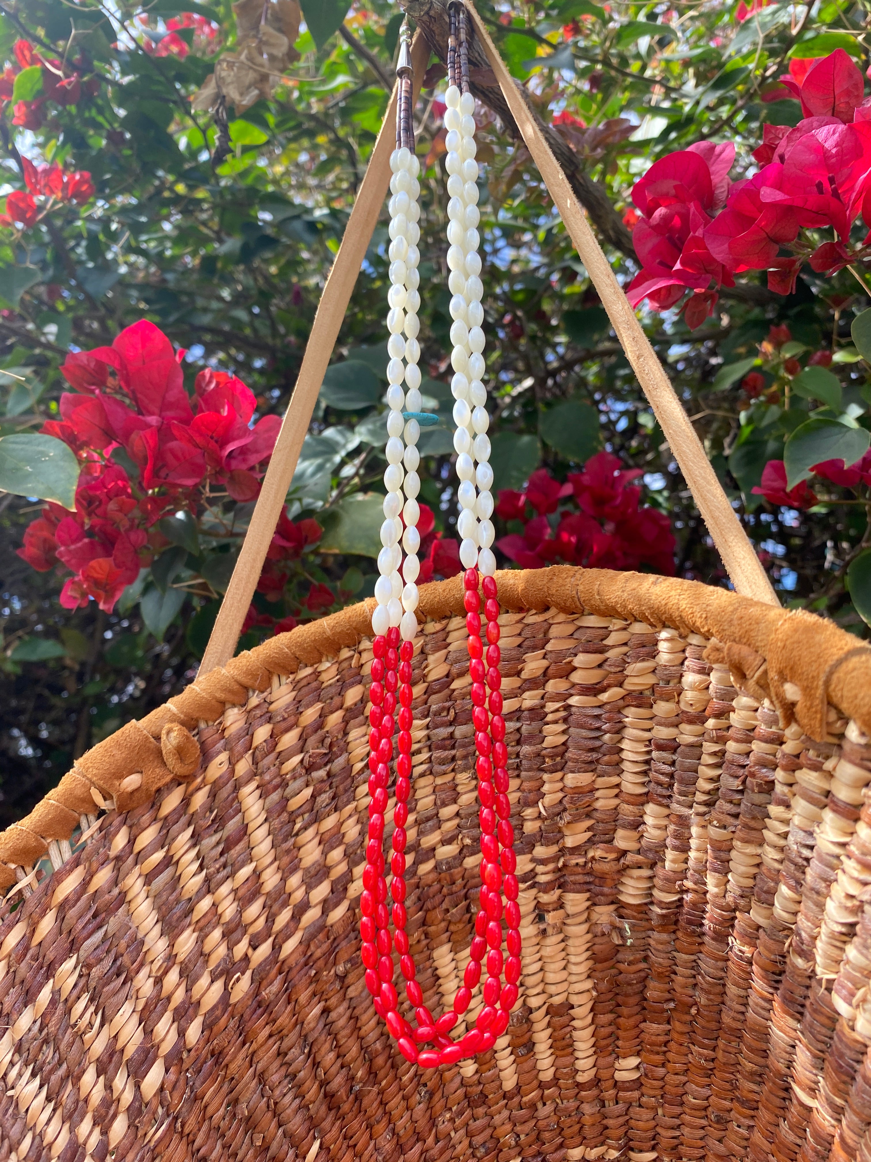 Coral and Pearl Necklace Three Strand Heishi Necklace