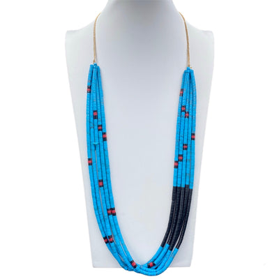Turquoise, Coral and Black Jet Heishi Necklace Hand Made