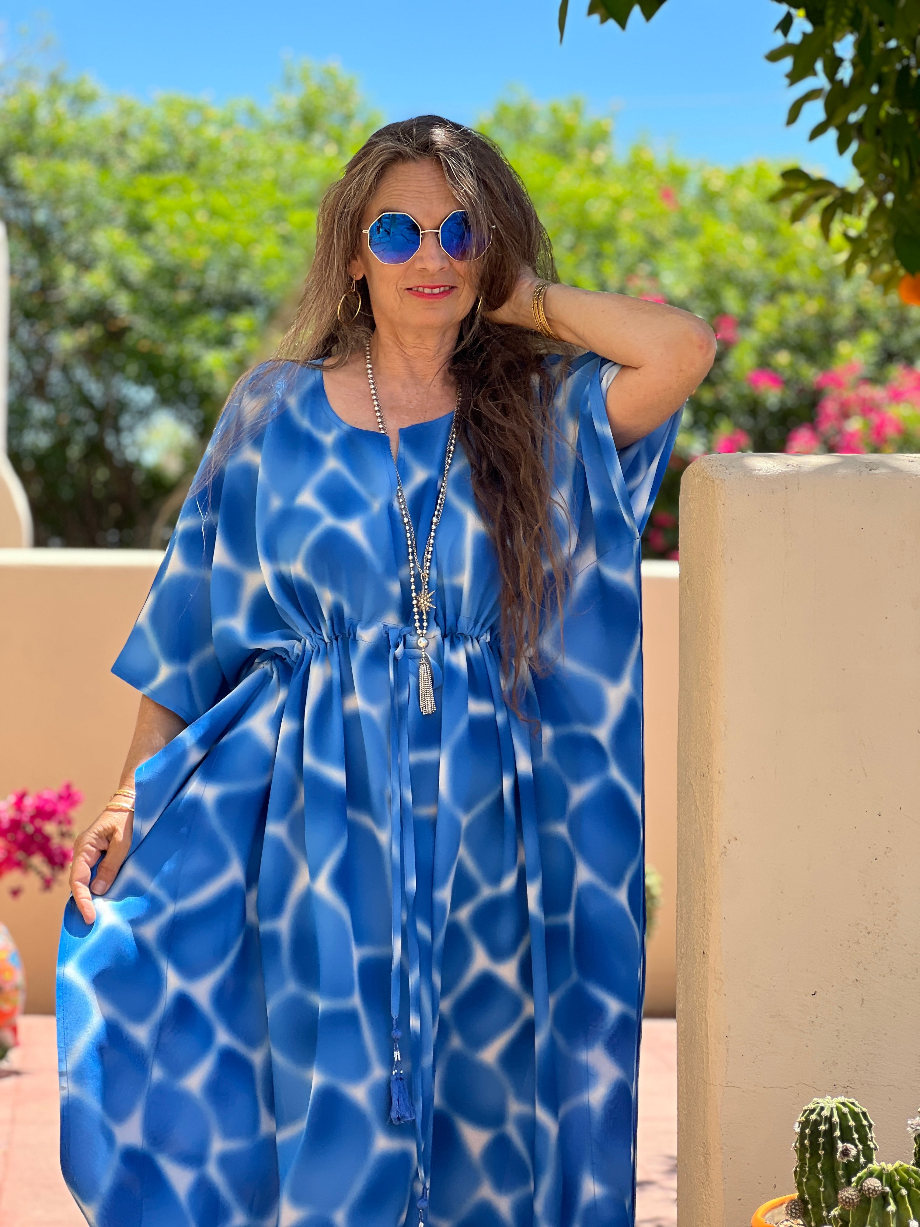 Zirafa Giraffa Pool Blue Italian Silk Maxi Kaftan Dress