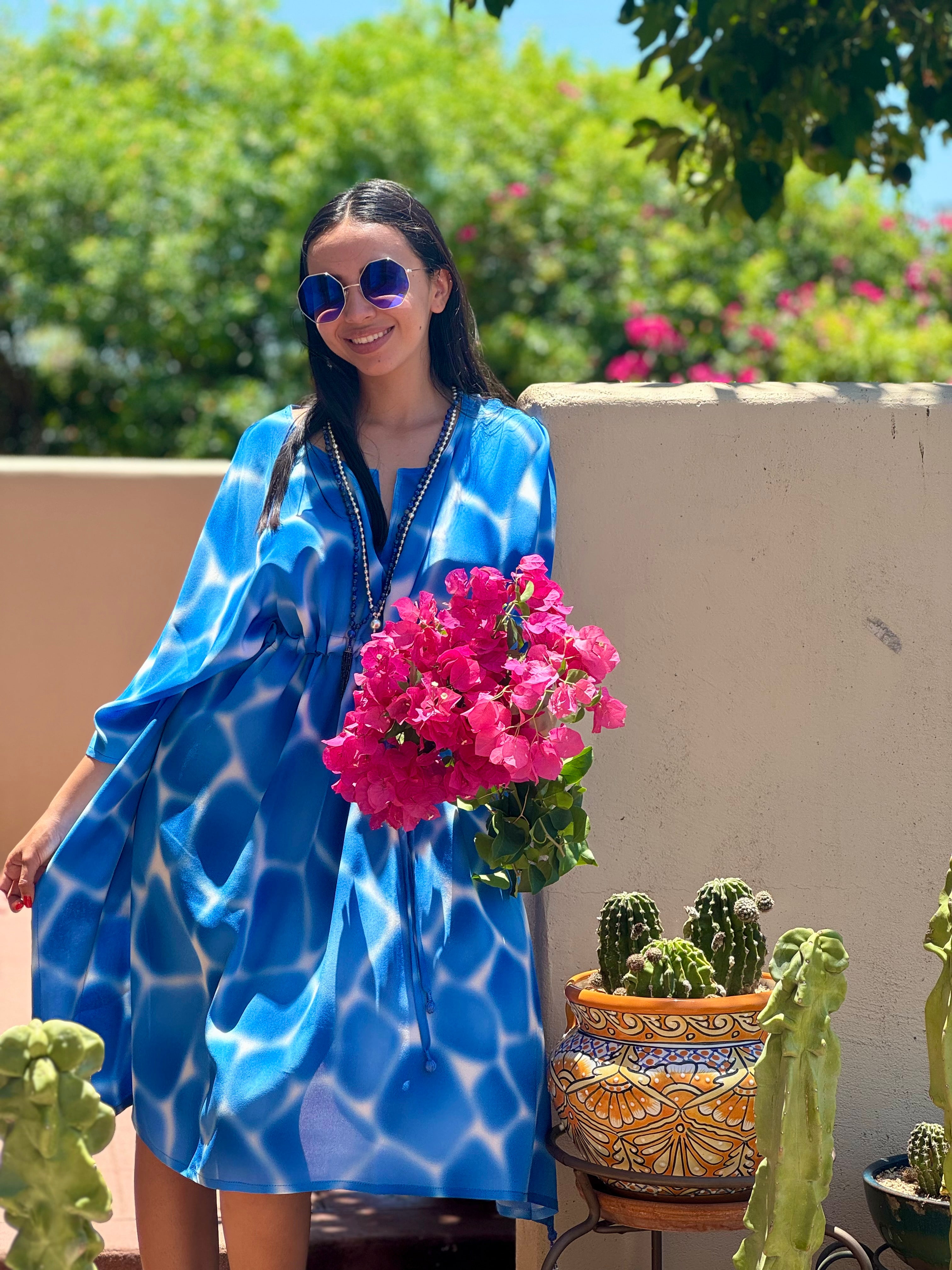 ZIRAFA GIRAFFA POOL BLUE ITALIAN SILK MIDI KAFTAN DRESS