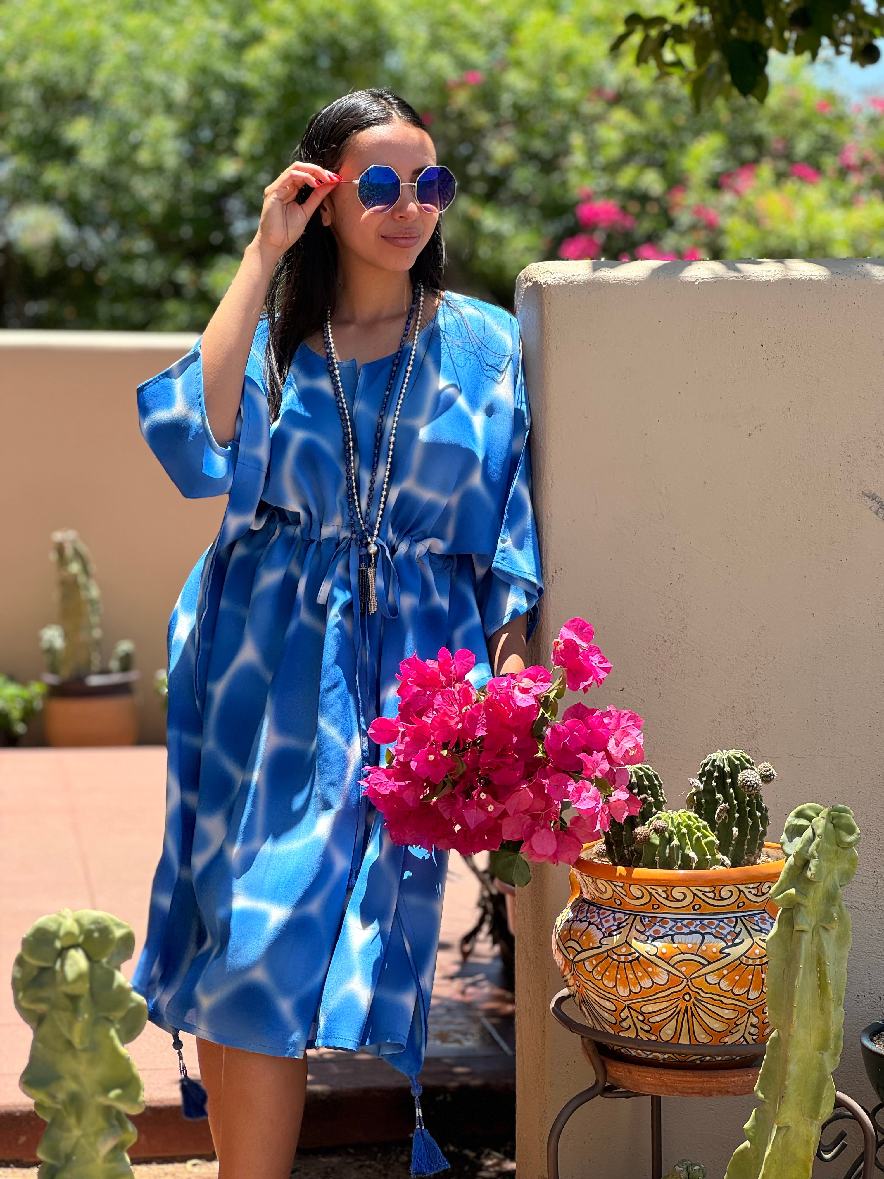 ZIRAFA GIRAFFA POOL BLUE ITALIAN SILK MIDI KAFTAN DRESS