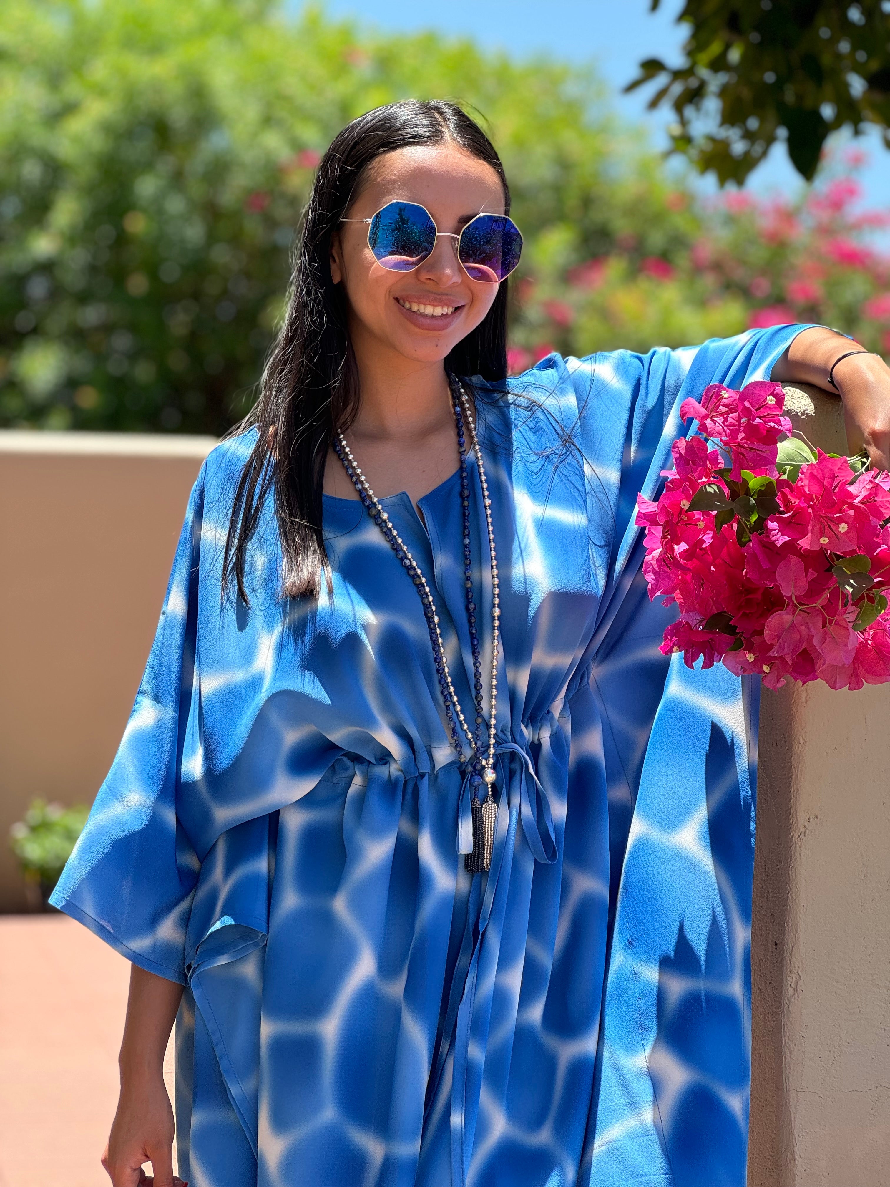 ZIRAFA GIRAFFA POOL BLUE ITALIAN SILK MIDI KAFTAN DRESS