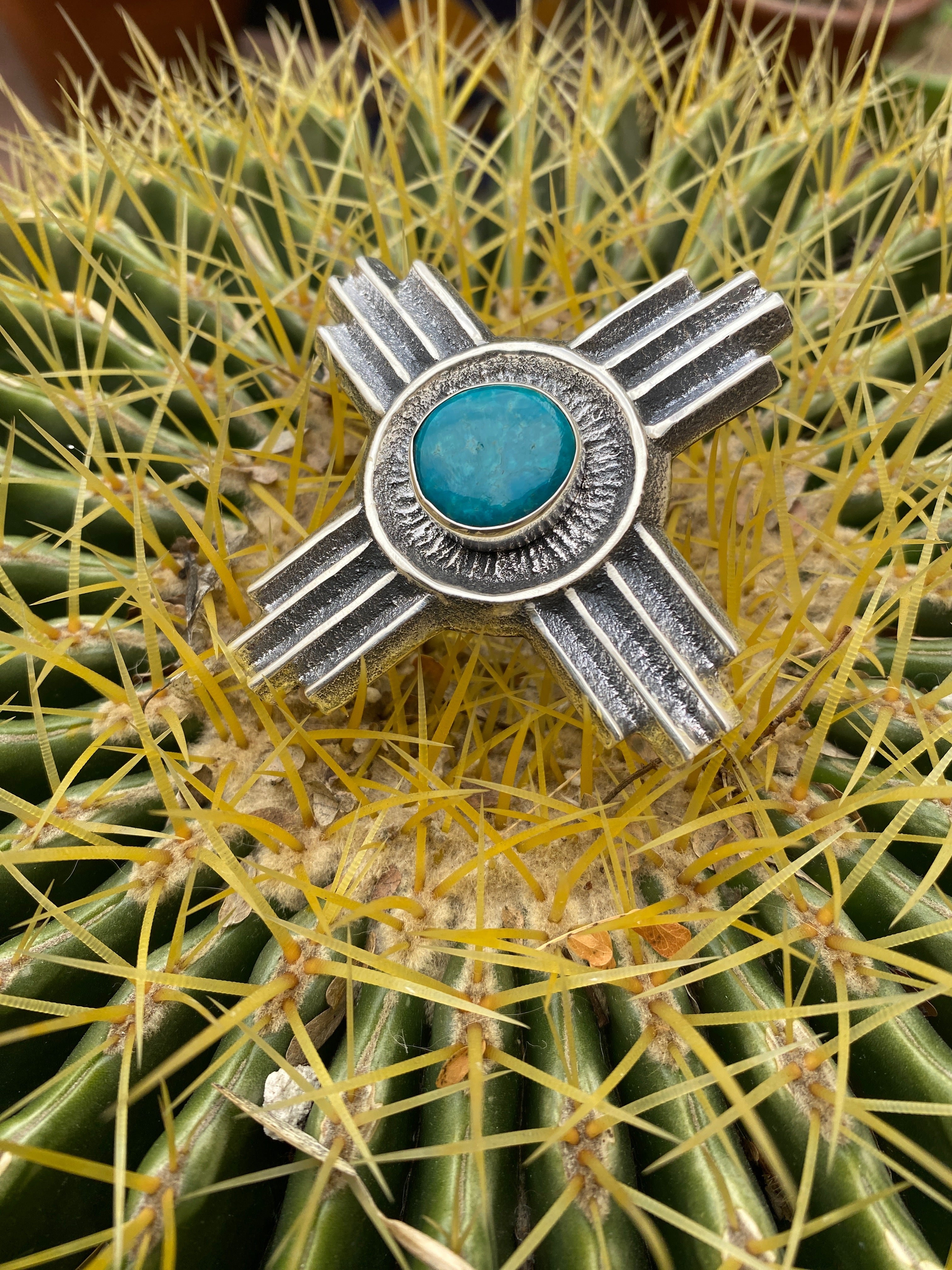 Sterling Silver Navajo Zia Turquoise Pendant