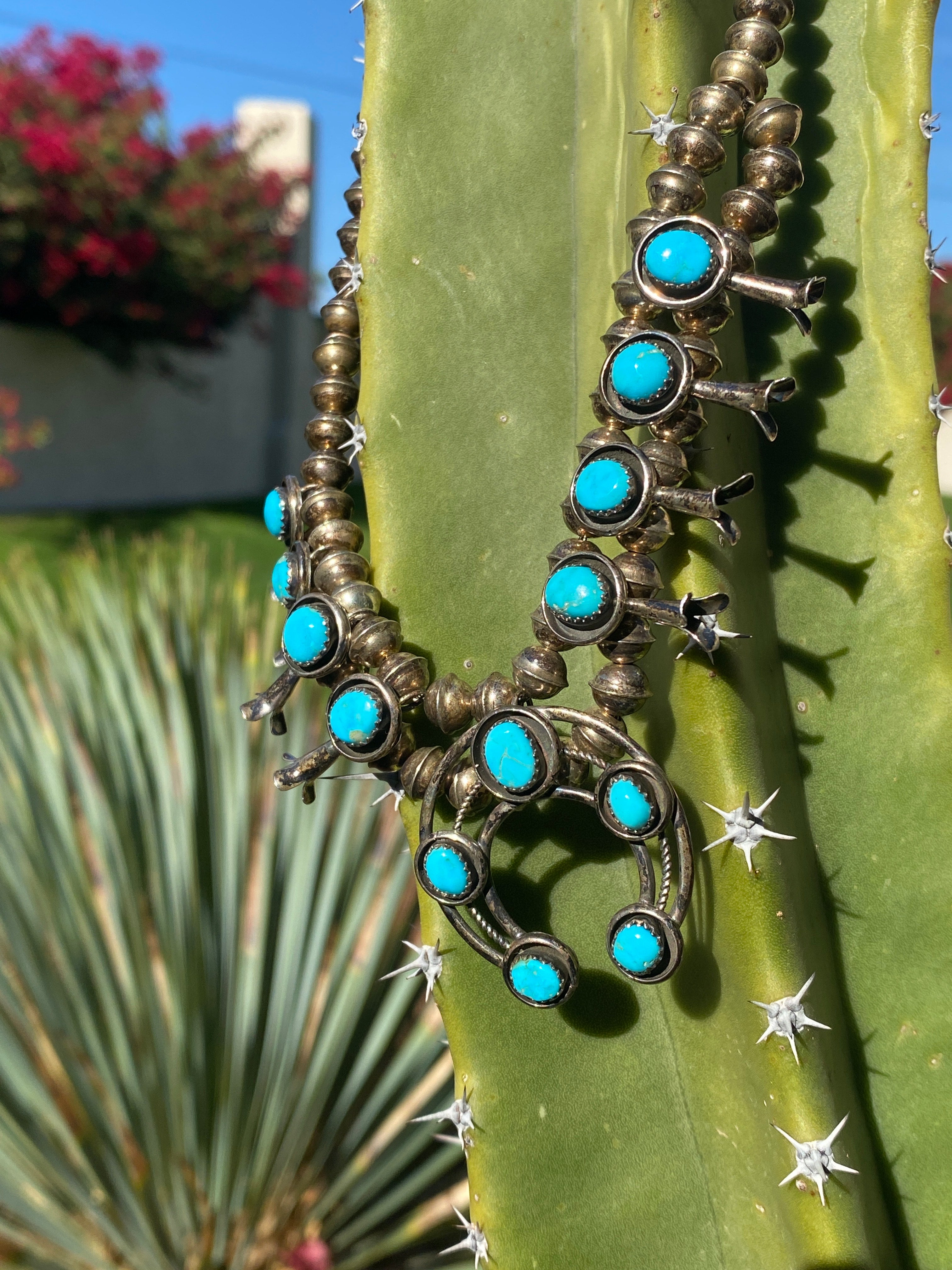 Navajo Silver Shadowbox Turquoise Vintage Baby Squash Blossom Necklace