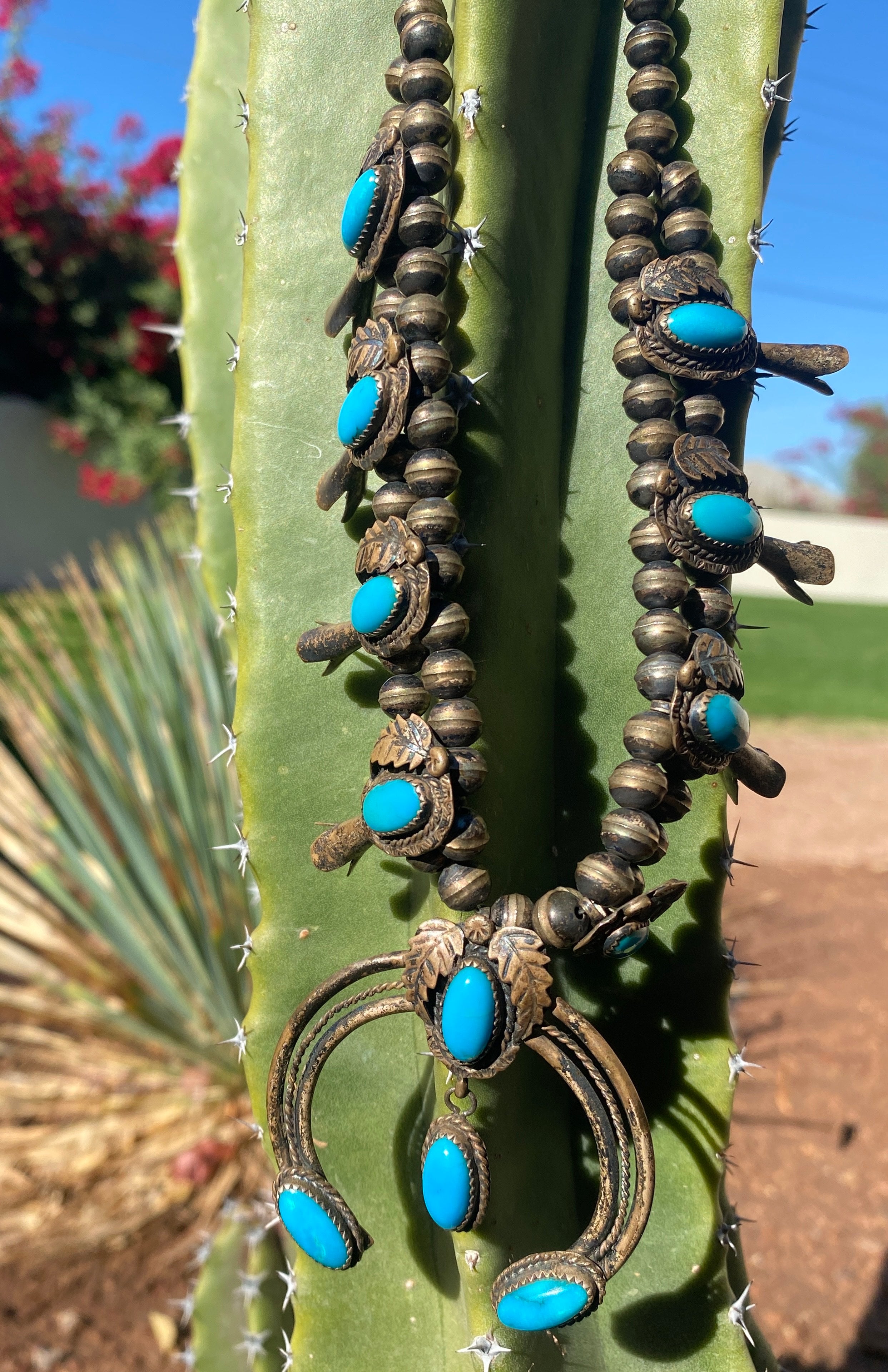 Vintage Navajo Turquoise Baby Squash Blossom Necklace