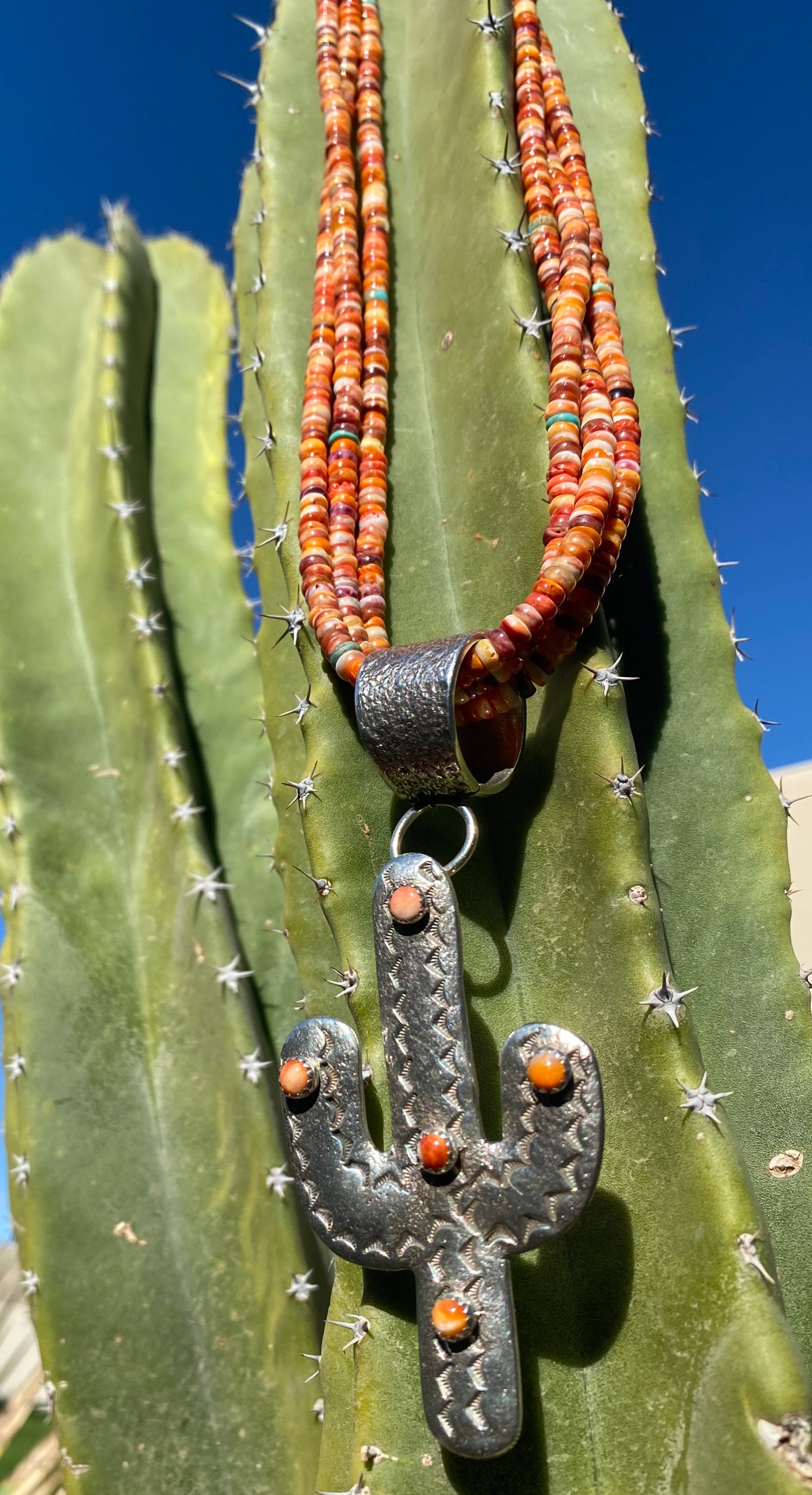 Spiny Oyster Shell Three Strand Necklace and Silver Cactus Pendant