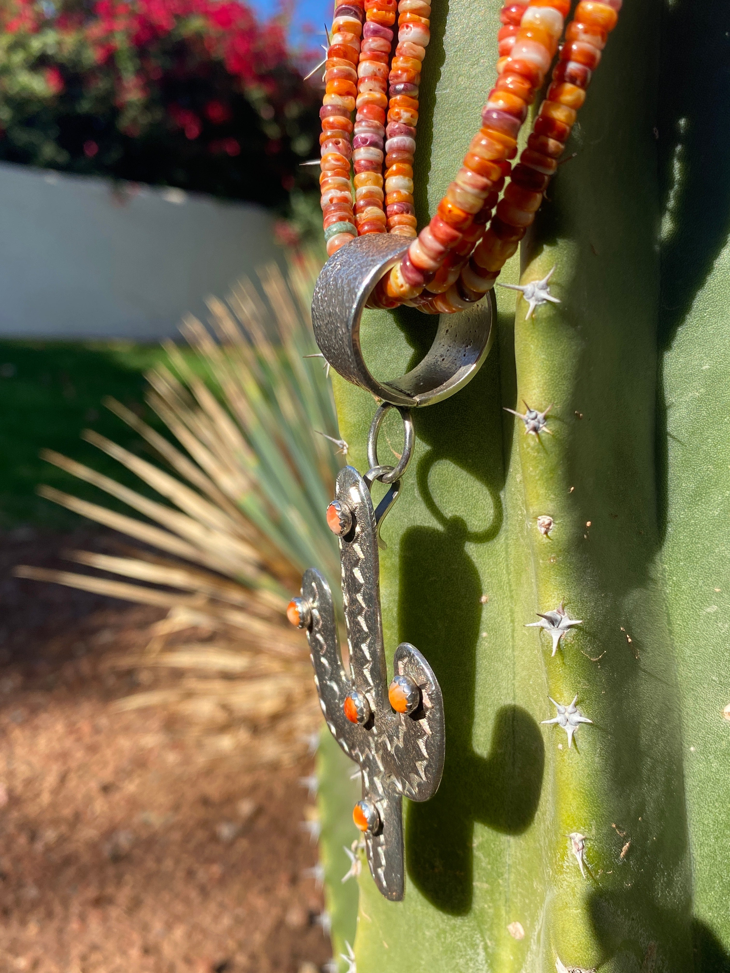 Spiny Oyster Shell Three Strand Necklace and Silver Cactus Pendant