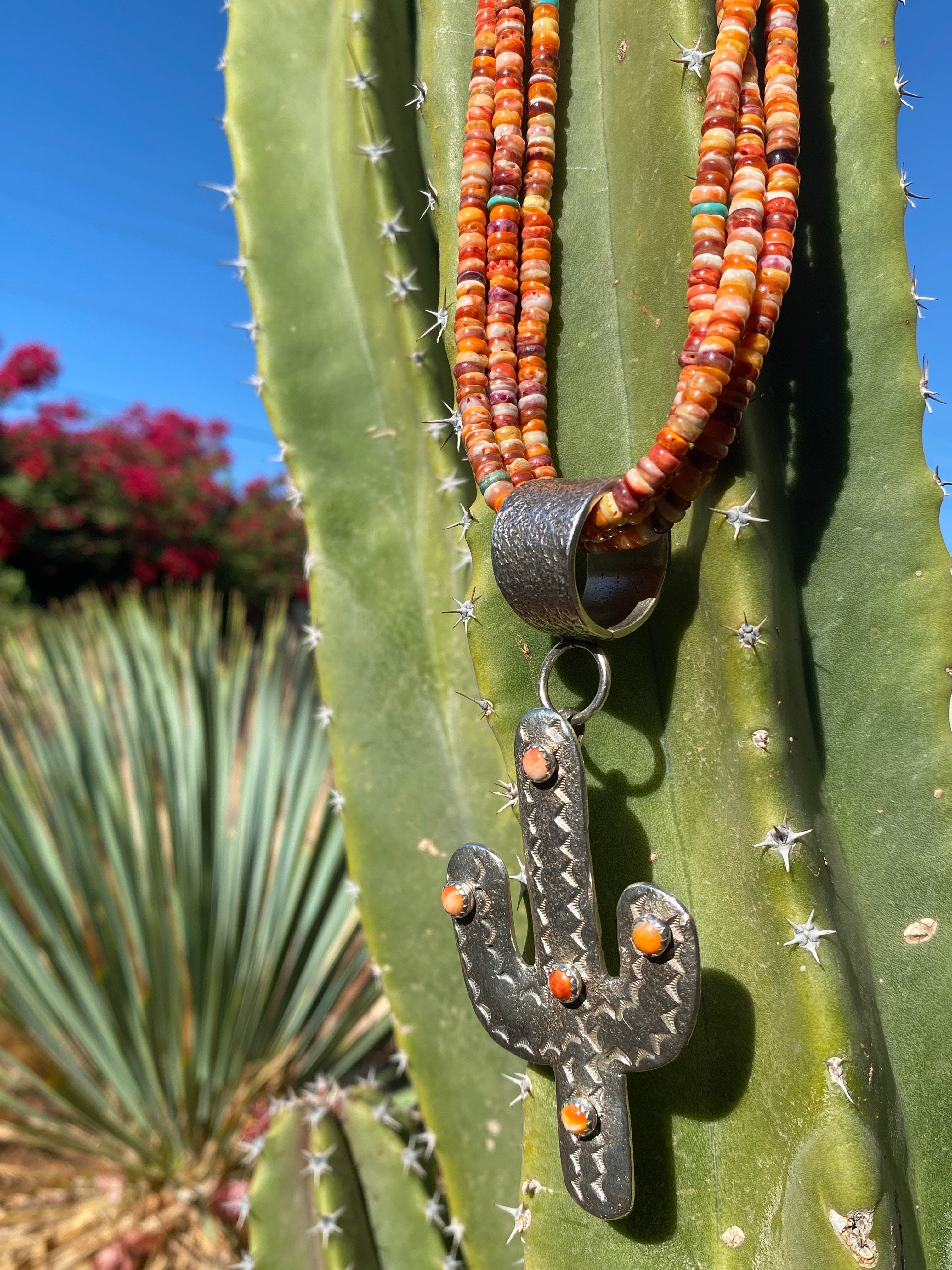 Spiny Oyster Shell Three Strand Necklace and Silver Cactus Pendant