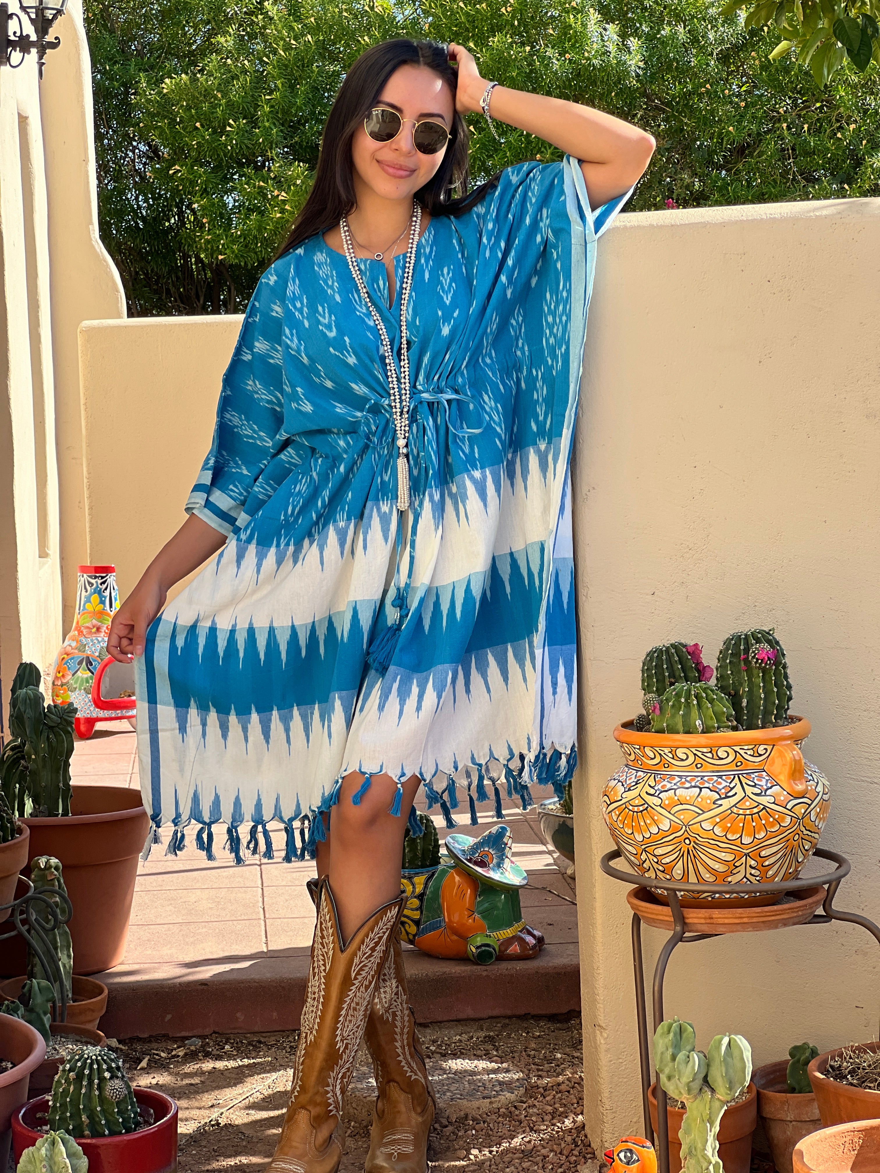 Chama Cotton Ikat Kaftan Dress Handwoven One of a Kind