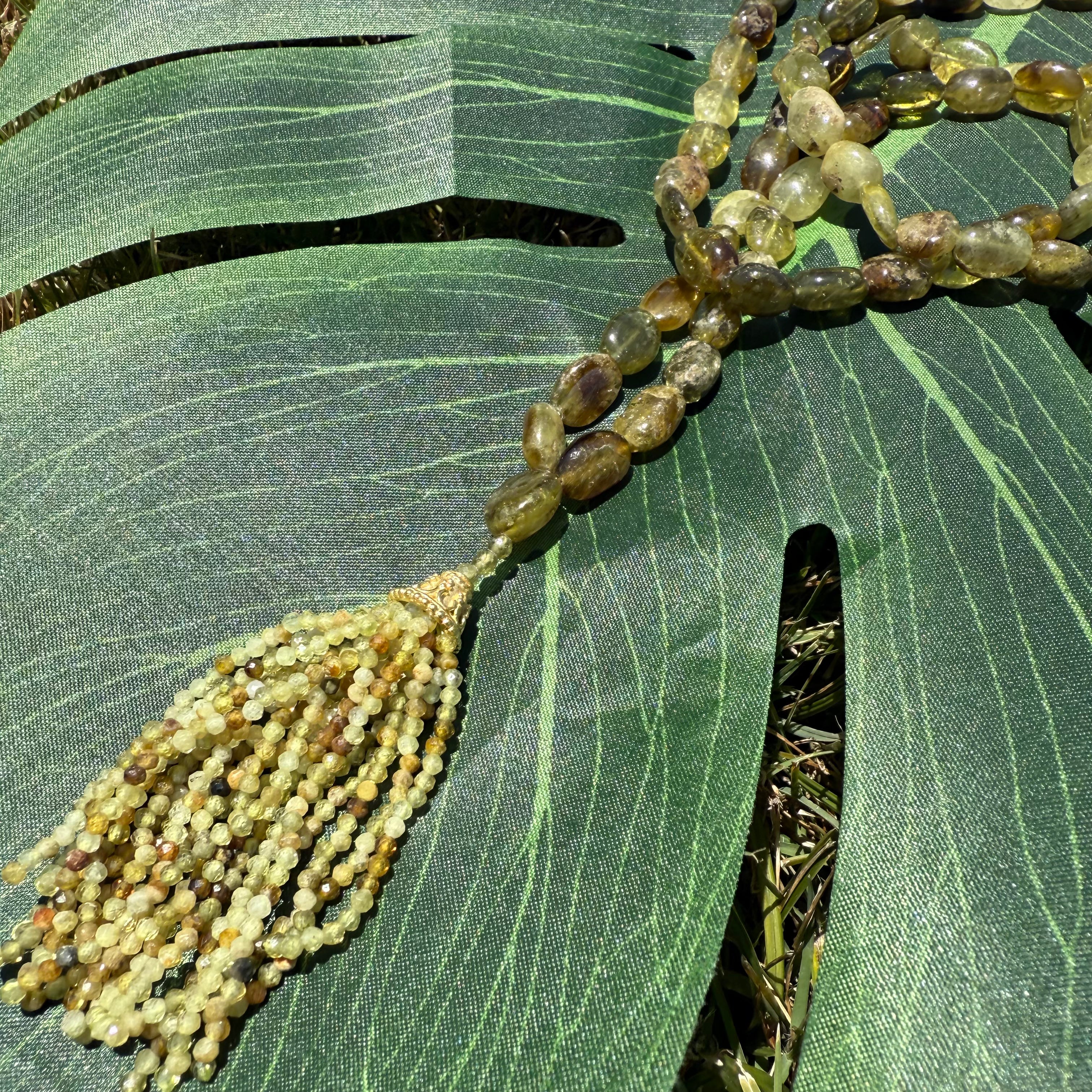 Grossular Green Garnet Oval Tassel Mala Necklace