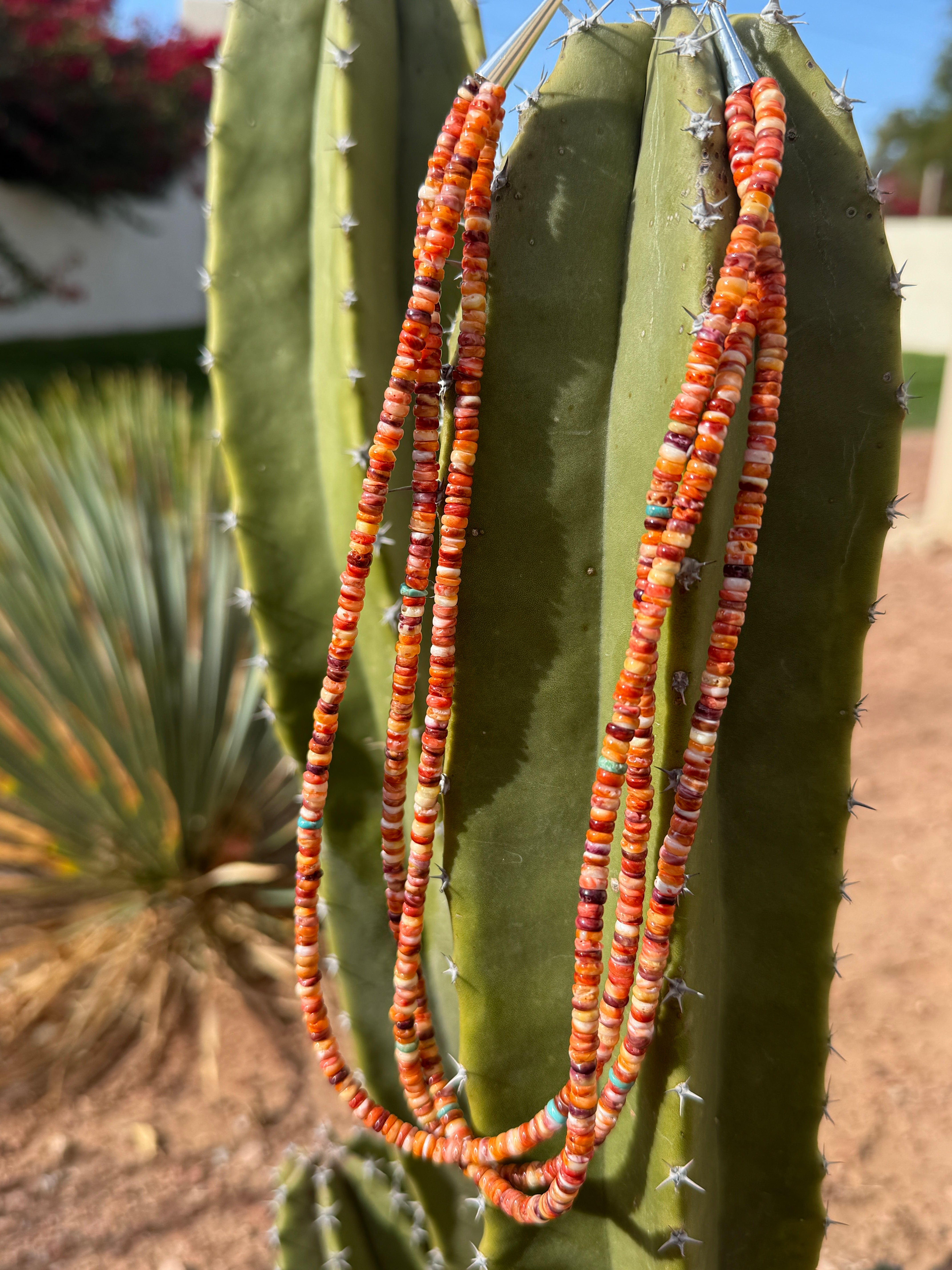 Orange Spiny Oyster Three Strand Heishi Style Necklace