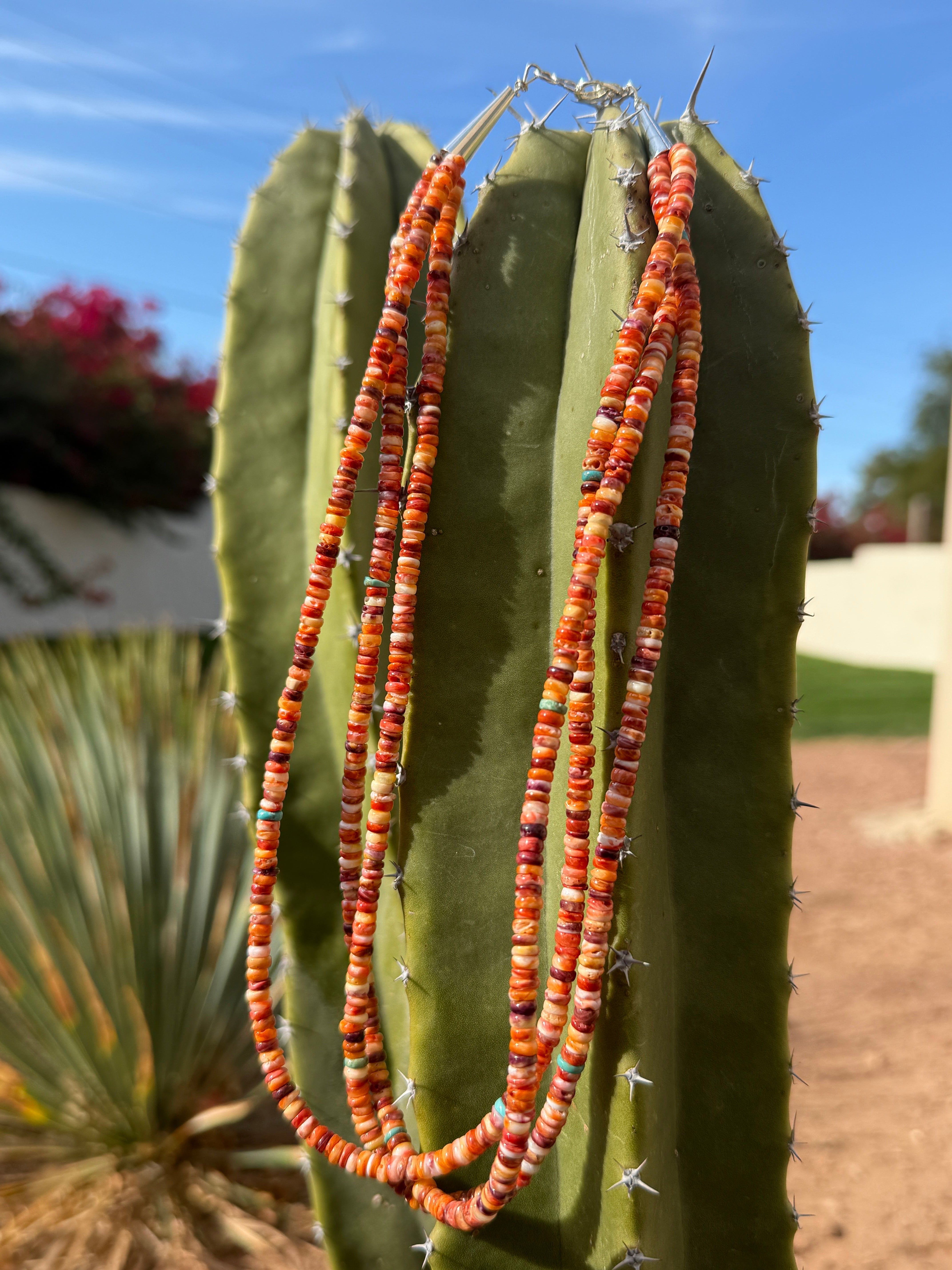 Orange Spiny Oyster Three Strand Heishi Style Necklace