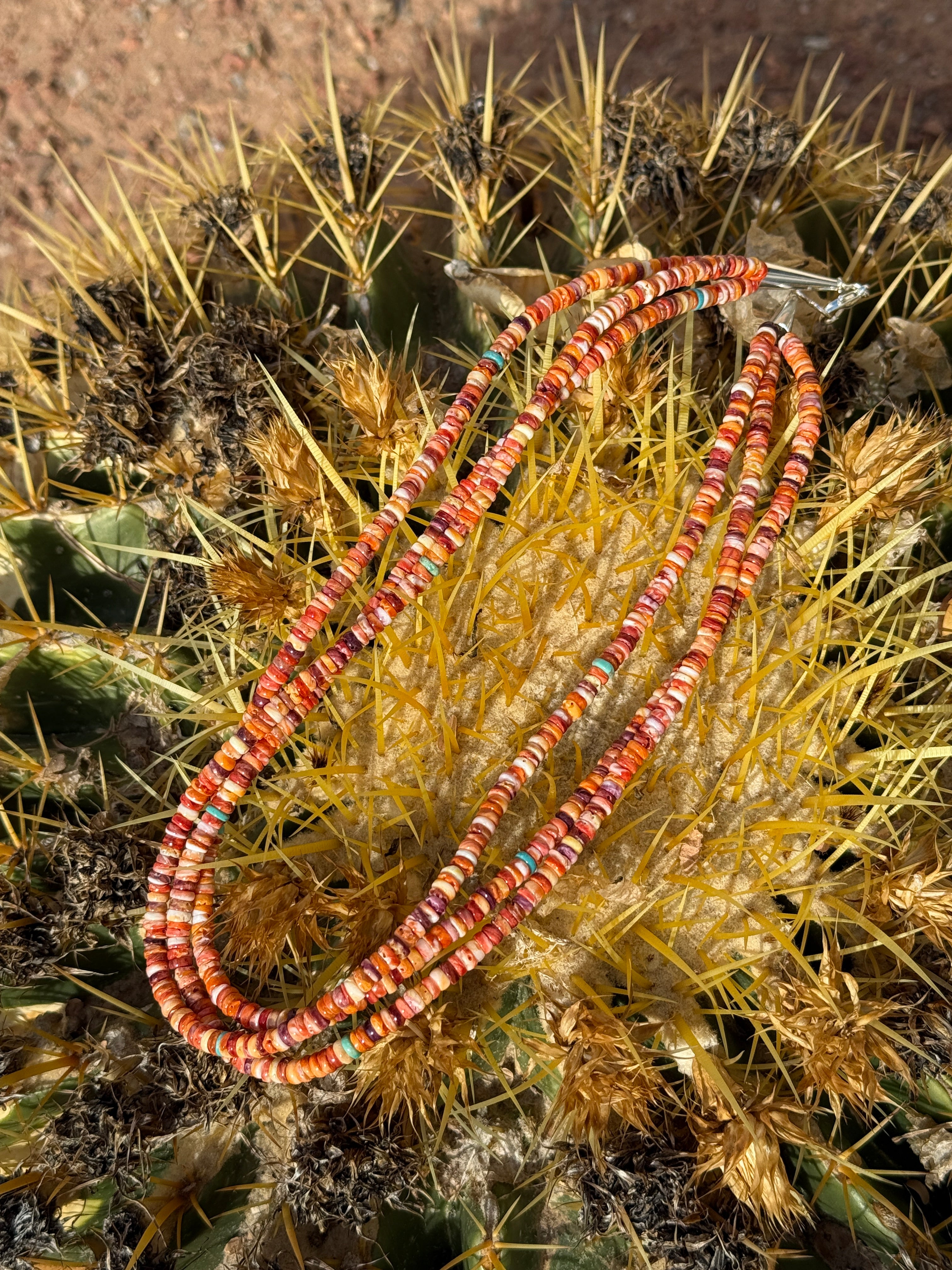 Orange Spiny Oyster Three Strand Heishi Style Necklace