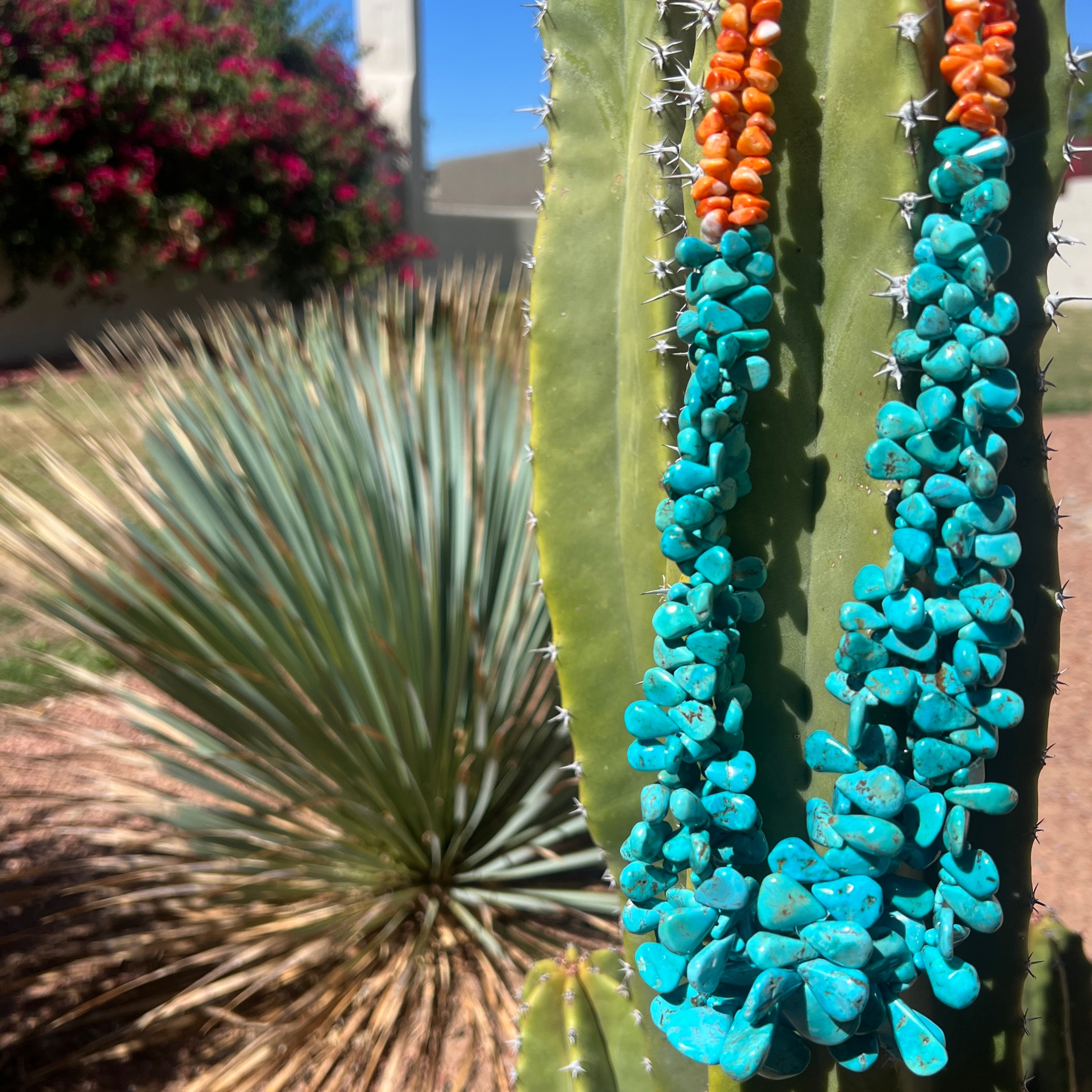 Kingman Turquoise and Spiny Oyster Three Strand Traditional Santo Domingo Necklace