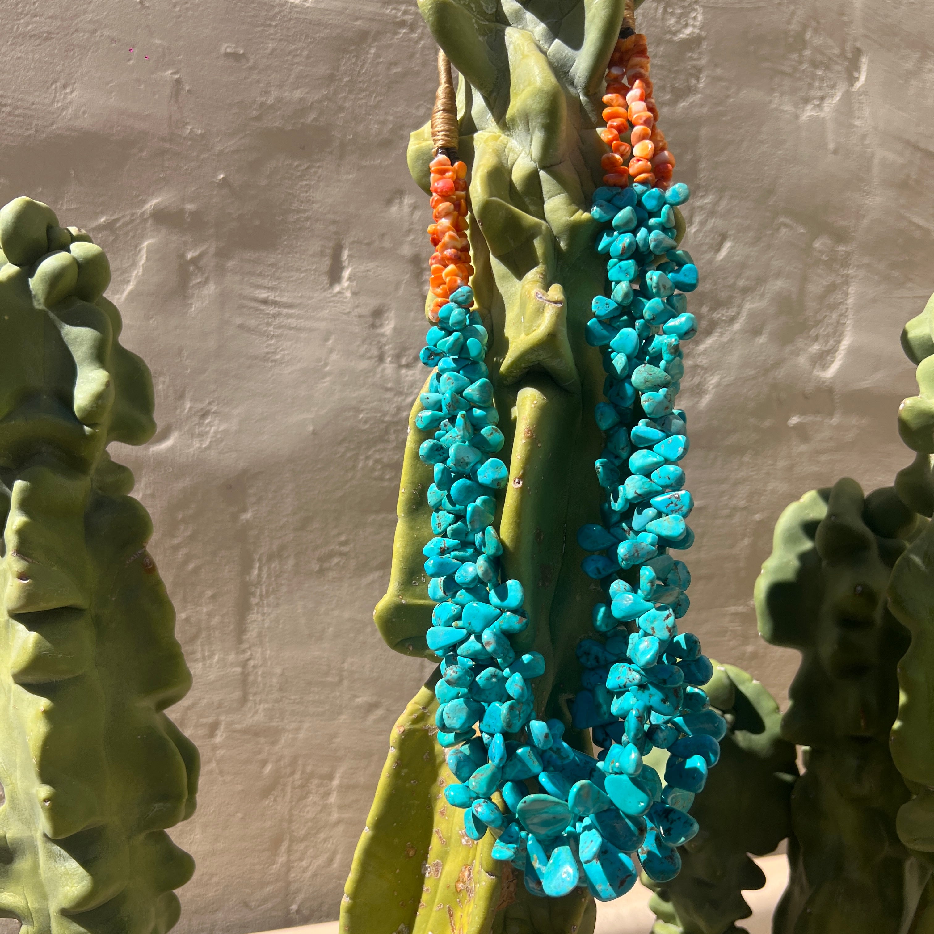 Kingman Turquoise and Spiny Oyster Three Strand Traditional Santo Domingo Necklace