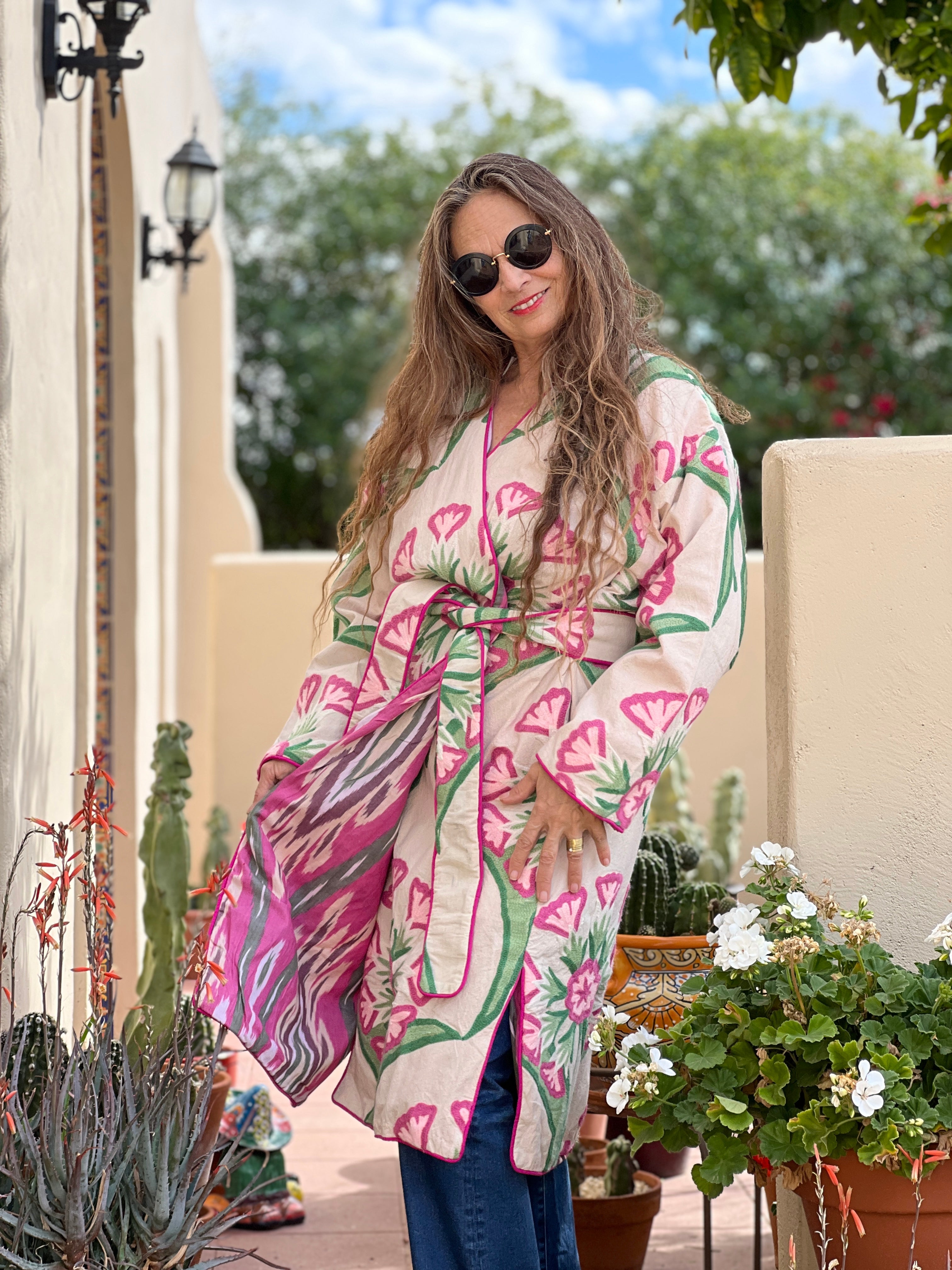 Deco Floral Suzani Pink Coat One of A Kind