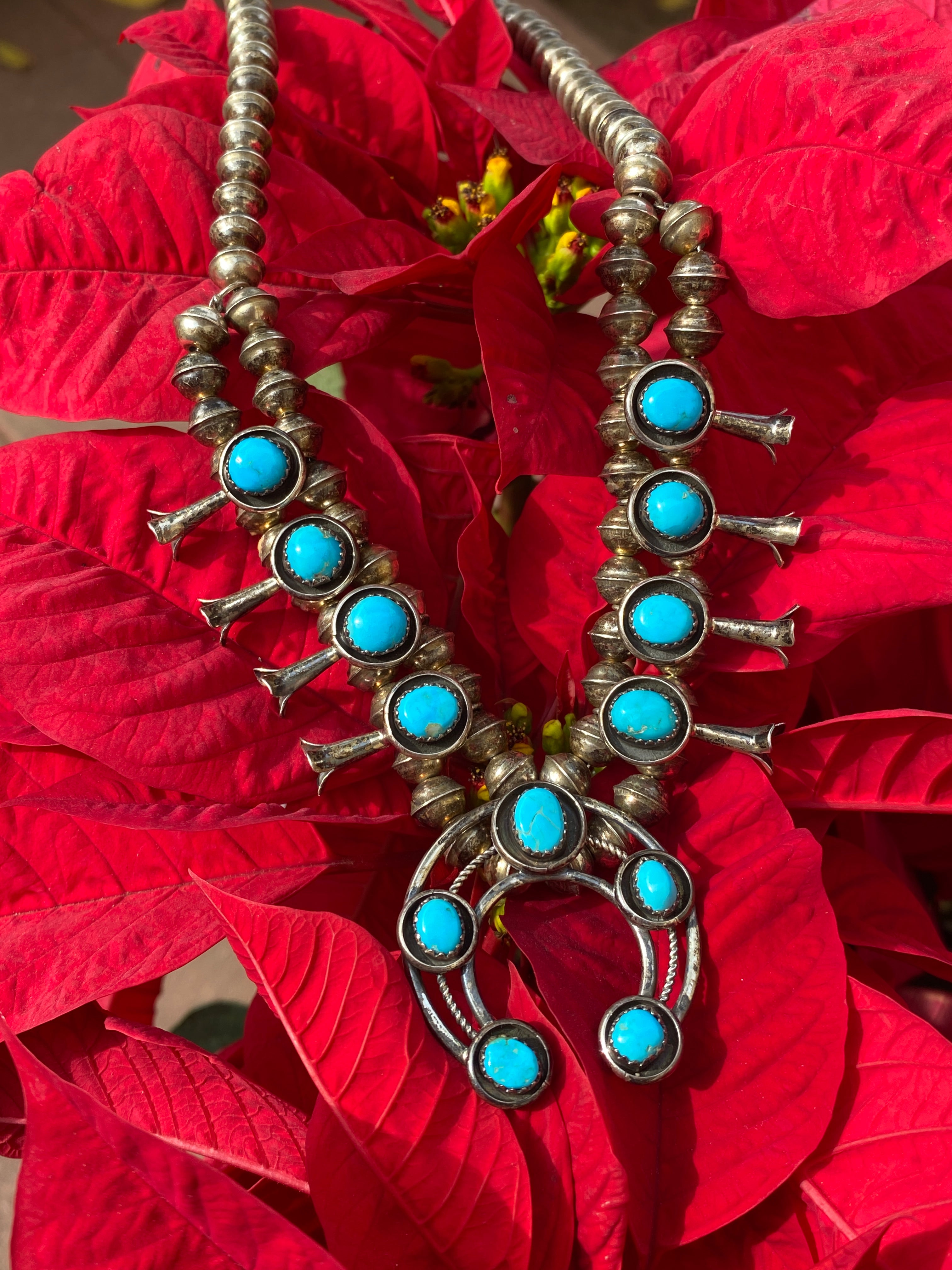 Navajo Silver Shadowbox Turquoise Vintage Baby Squash Blossom Necklace