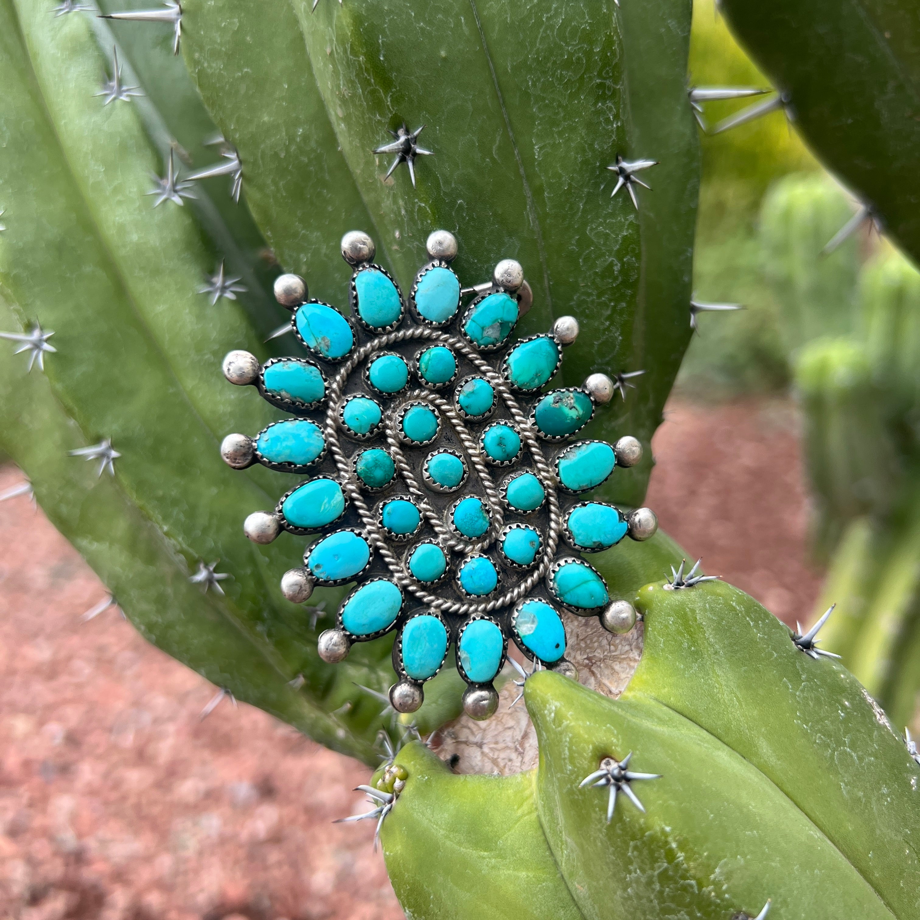 Vintage Navajo Silver and Turquoise Cluster Pendant Necklace