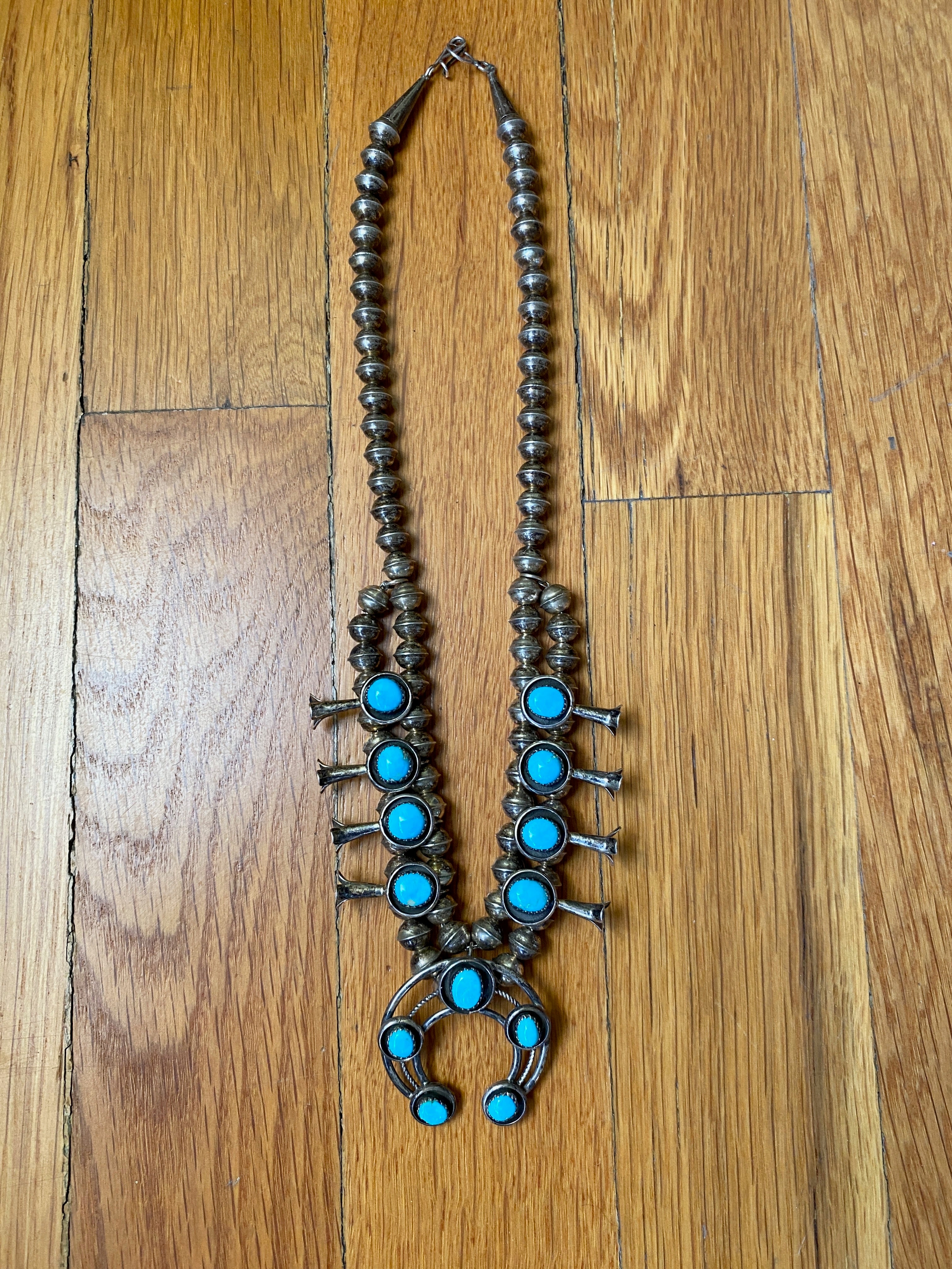 Navajo Silver Shadowbox Turquoise Vintage Baby Squash Blossom Necklace