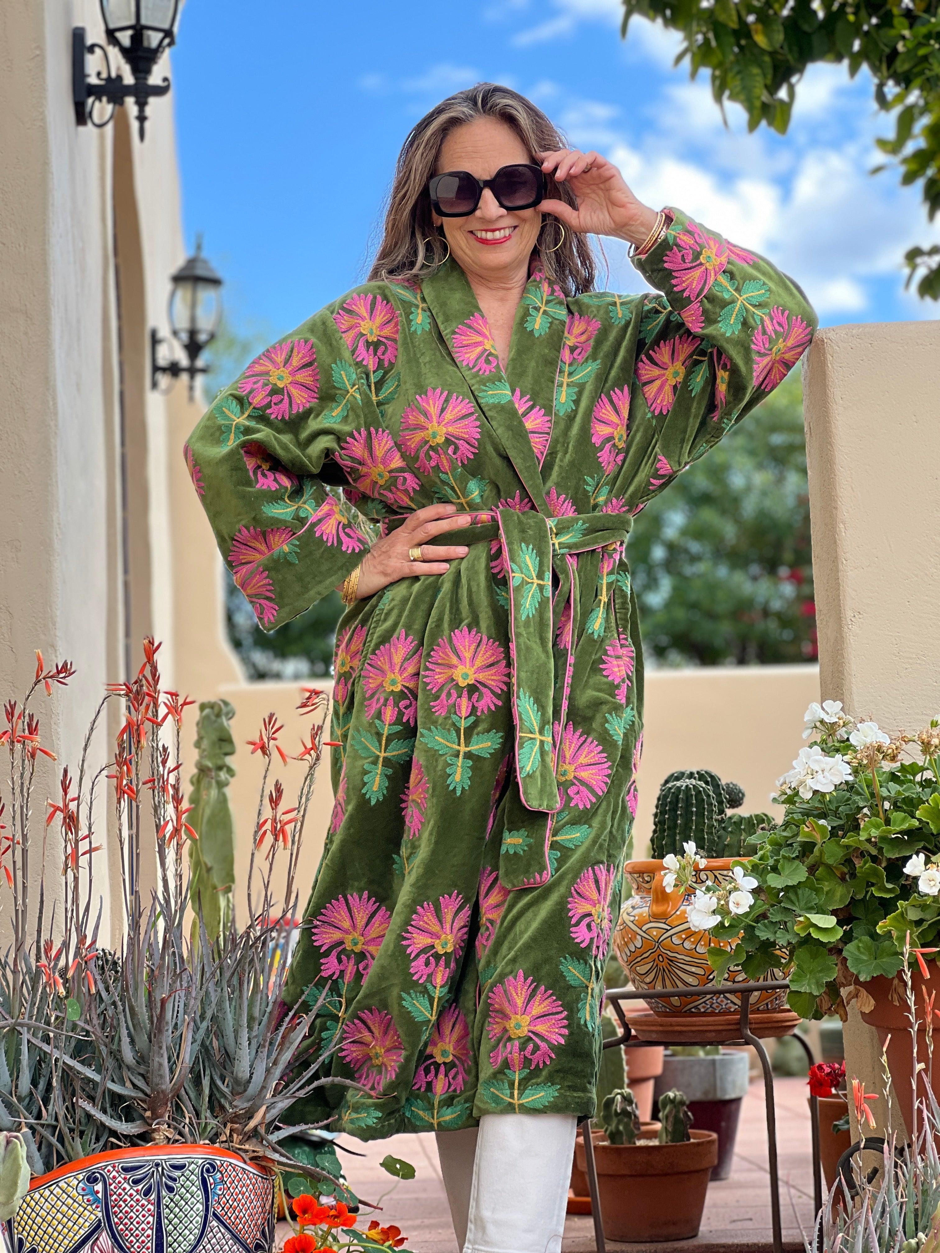 Pink and Green Velvet Suzani Coat One of A Kind