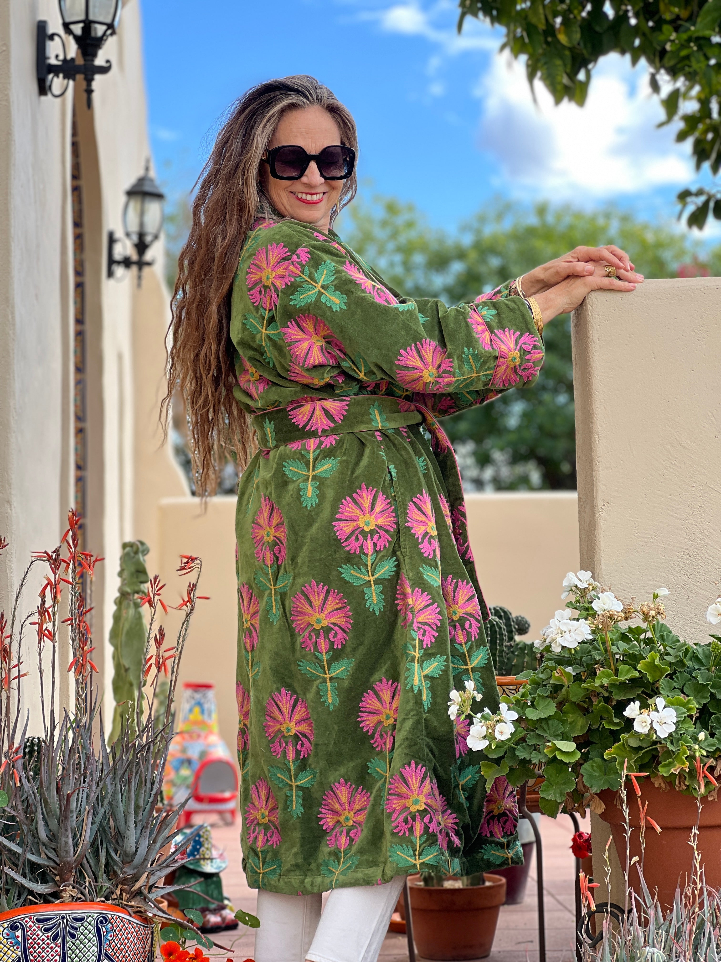 Pink and Green Velvet Suzani Coat One of A Kind