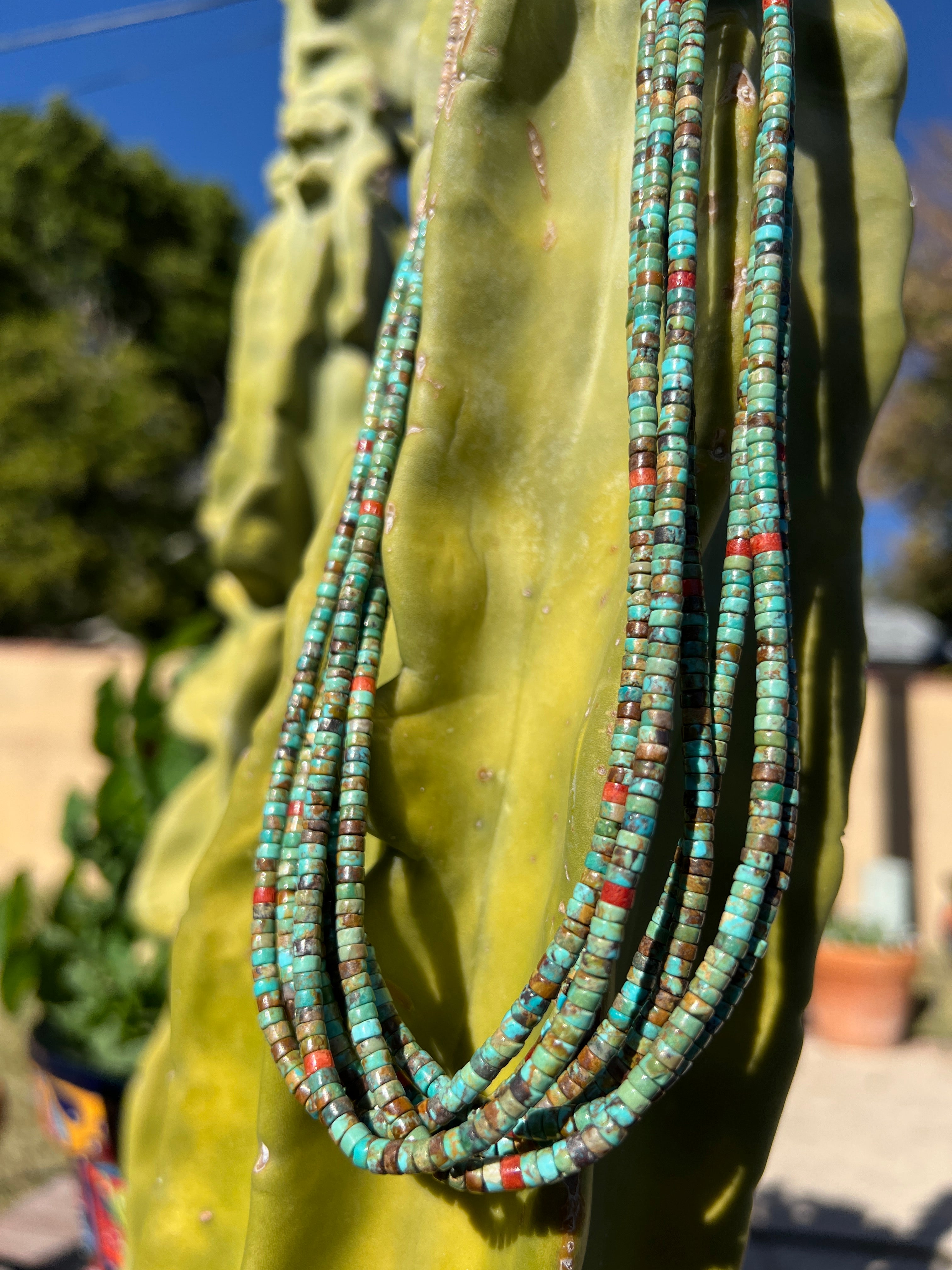 Royston Turquoise, Coral, and Shell Heishi Seven Strand Necklace