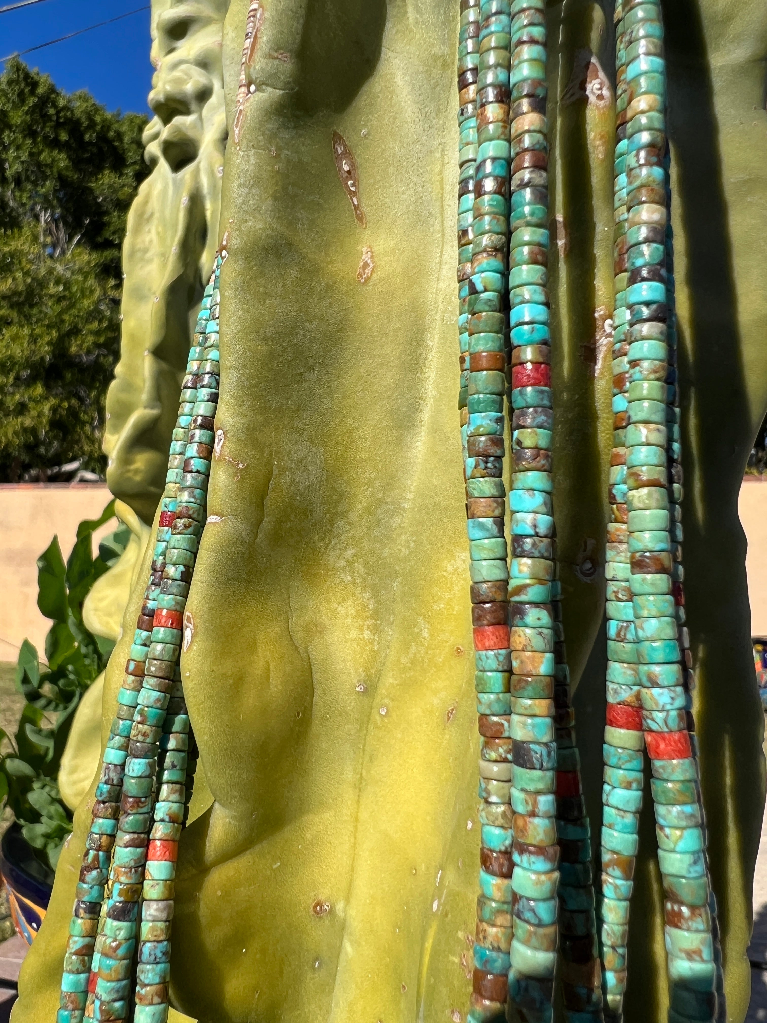Royston Turquoise, Coral, and Shell Heishi Seven Strand Necklace