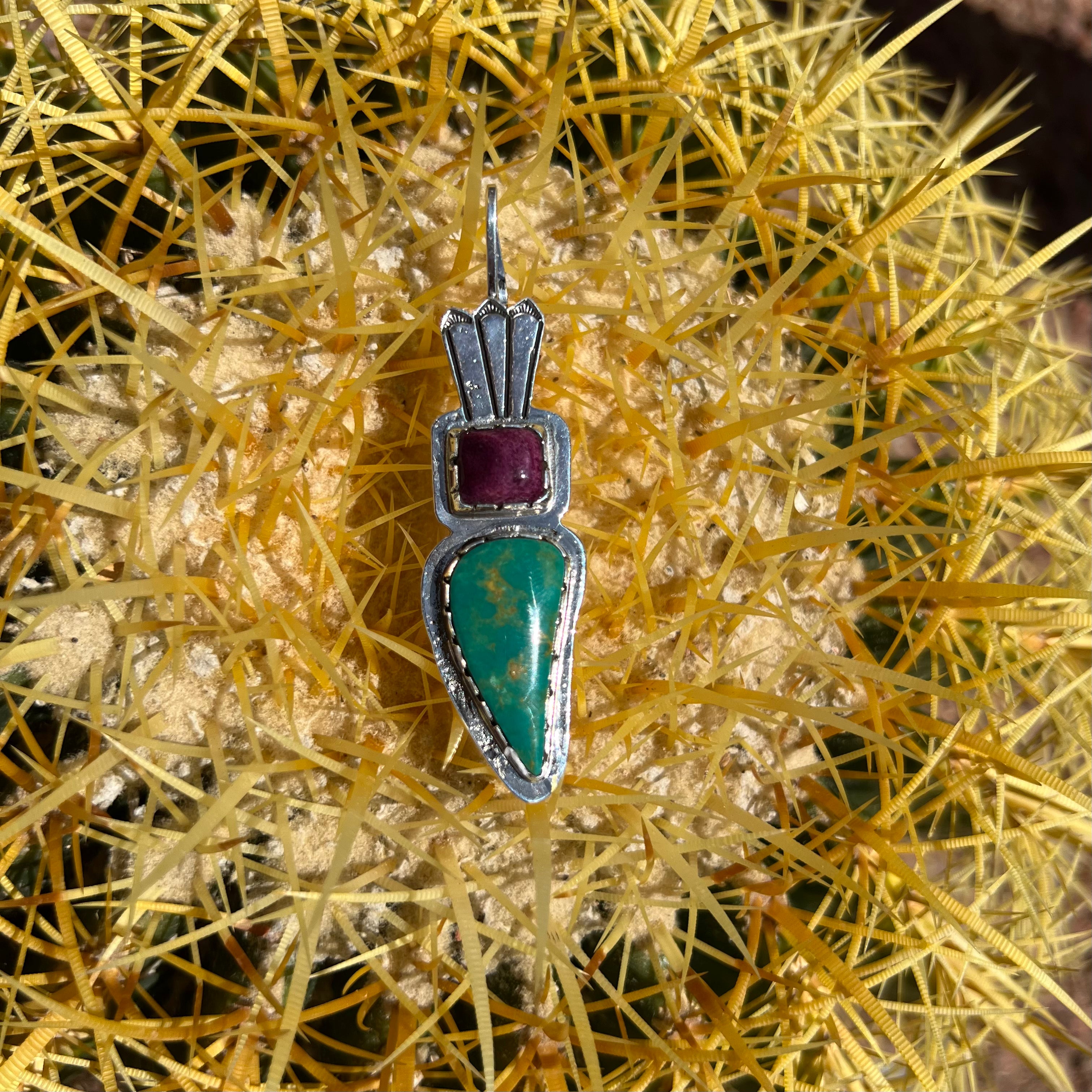 Royston Turquoise and Purple Spiny Oyster Silver Navajo Pendant